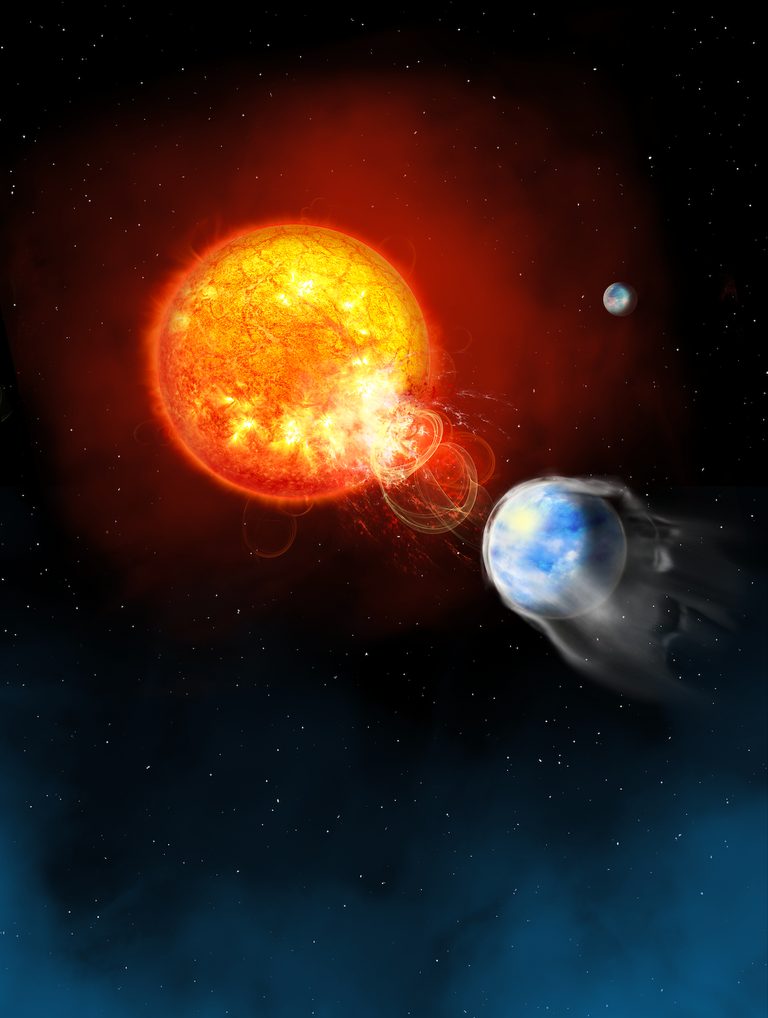 In the upper left quadrant of a vertical image, against a black background, a large orange-yellow star is shown with tendrils of gas – a stellar flare – streaming out from the star at about the 4 o'clock position. The flare is  streaming toward a bluish planet, smaller than the star, at the center right of the image; streaks of grayish white streaming from the planet toward the lower right indicate dissipation of the planet's atmosphere in response to the flare. A second planet, much smaller because farther away, can be seen to the right of the star and above the foreground planet.