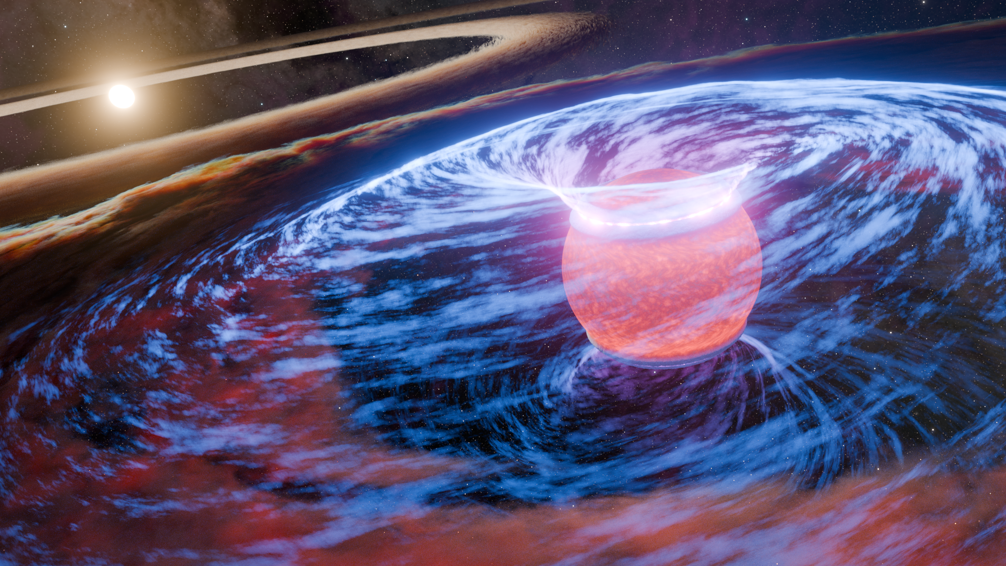 This artist's concept depicts a close-up of the protoplanet WISPIT 2b accreting matter as it orbits around its star, WISPIT 2.