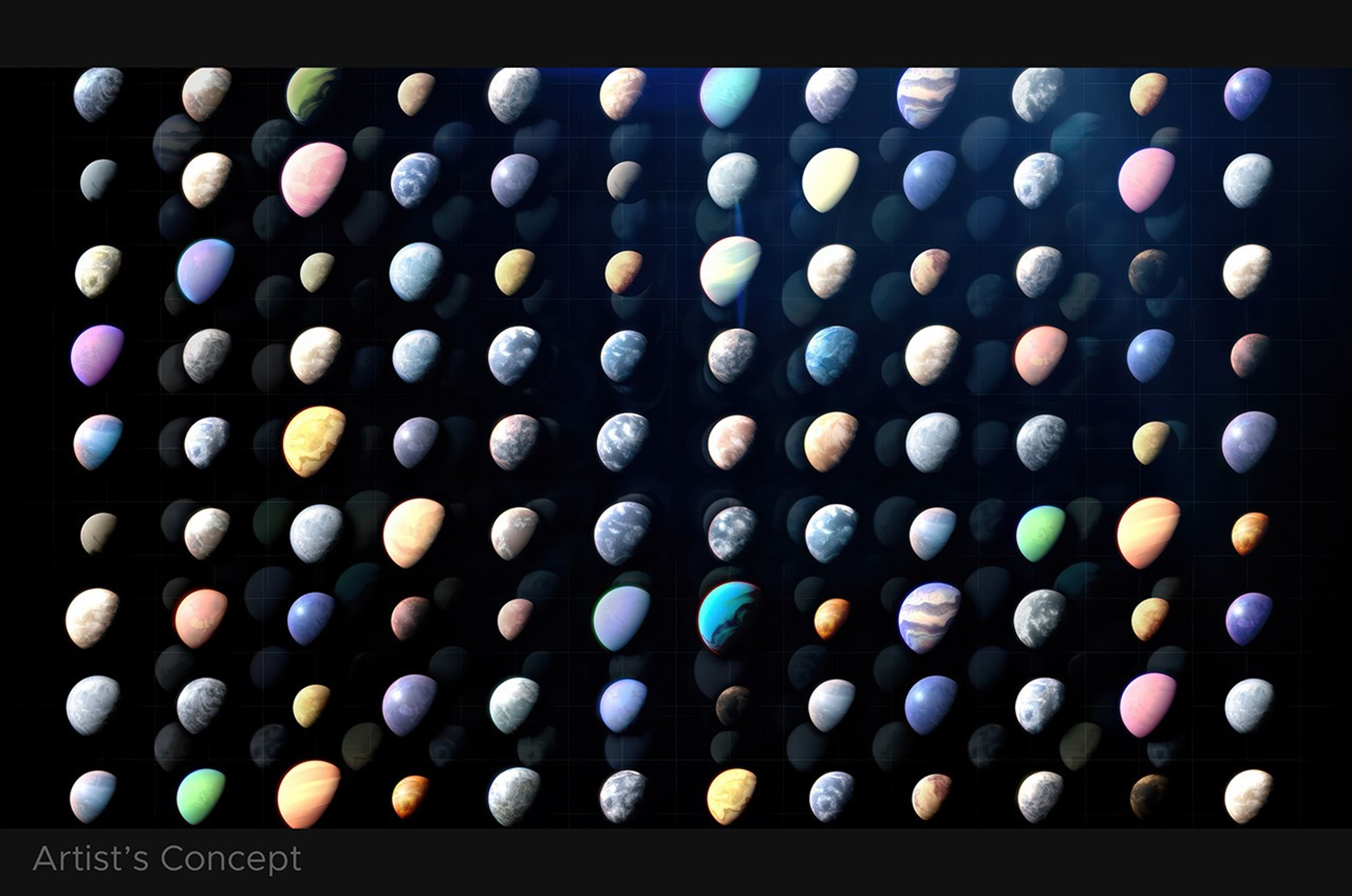 Artist’s concept illustrating a grid of diverse exoplanets, each shown as a small globe with varying colors, textures, and atmospheric patterns, representing the more than 6,000 confirmed planets discovered outside our solar system.