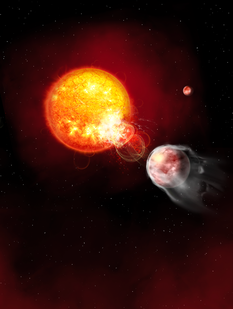 In the upper left quadrant of a vertical image, against a black background, a large orange-yellow star is shown with tendrils of gas – a stellar flare – streaming out from the star at about the 4 o'clock position. The flare is streaming toward a bluish planet, smaller than the star, at the center right of the image; streaks of grayish white streaming from the planet toward the lower right indicate dissipation of the planet's atmosphere in response to the flare. A second planet, much smaller because farther away, can be seen to the right of the star and above the foreground planet.