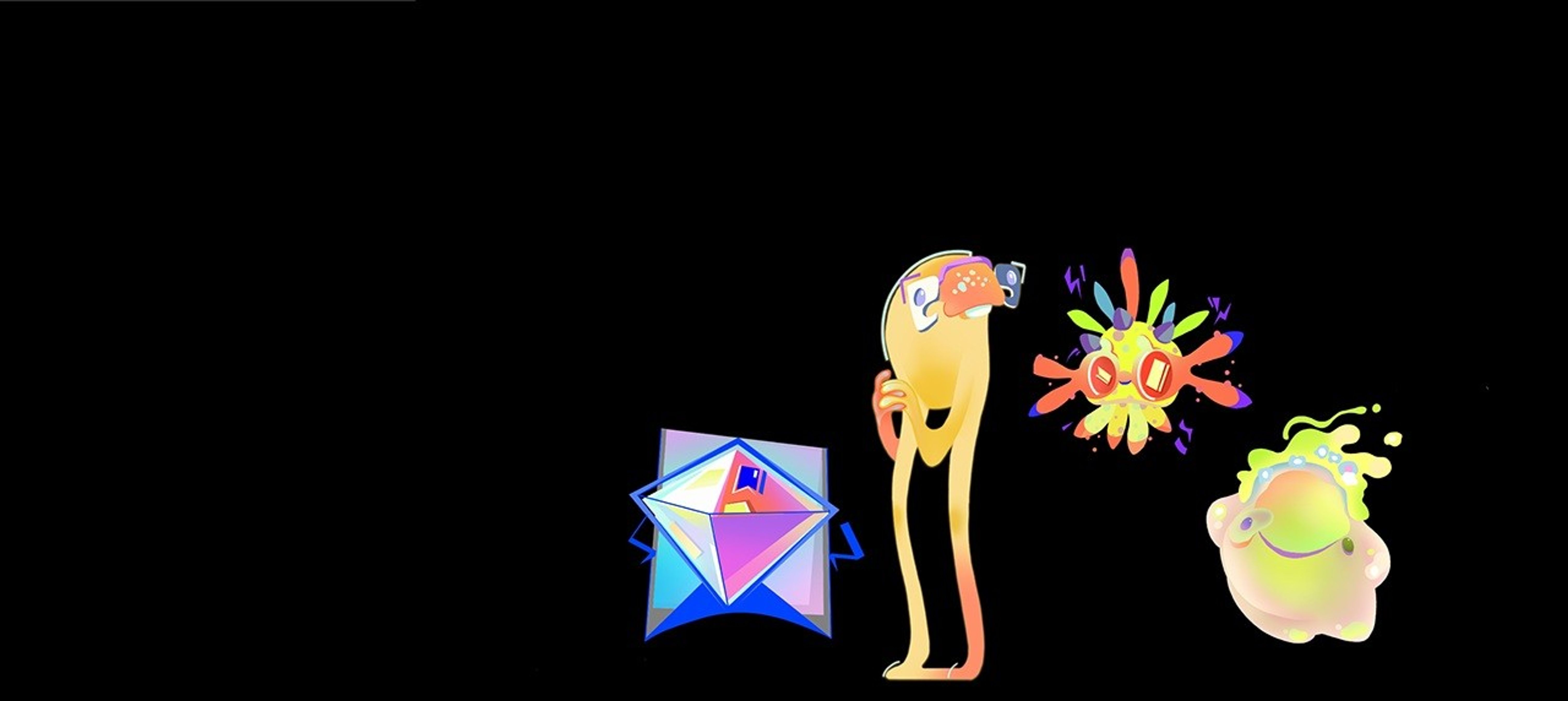 Four distinct cartoon characters stand in a line, none of them resemble existing, real animal species and they do not belong to a specific gender. At far left is The Captain, a short, square character that has its hands on its hips and a confident stance. The character is diamond-shaped, with its legs being the bottom two points of the square and its face being a forward-facing pyramid on the front of that square. The character is made up of a mix of blue, purple, and pink colors, with a neon green shadow behind it. To the right of The Captain is The Brain, a tall figure with long, slender legs connecting at the torso. The Brain has a small, bean-shaped body on top of its tall legs and two arms with hands and fingers that intertwine in front of it. It has a nervous expression comprised of silver glasses (each side of the glasses is shaped like a small face), a wide flat orange nose with blue speckles, and a single tooth jutting out from beneath the nose. The character is primarily yellow with some orange shading and a purple shadow behind it. To the right of The Brain is The Scout, a small, zany character floating in mid-air. The character has no discernable body, but at its center is its head which is yellow and potato-shaped with two, large red eyes and a small orange nose. With three small purple horns on the top of its head, the character has one orange appendage extending from the crown of its head, and two from either side of its face, with four small yellow appendages extending from the base of its head. It has a bright blue shadow and some bright, purple, green, orange, and blue details. To the right of The Scout is The Friend, a medium-sized blob-shaped character that is primarily a mix of bright greens with some pink, white, and blue accents, and a bright pink shadow. The Friend has two short, blobby arms and two short, blobby legs but is mostly made up of a rounded torso that at its center has a long, wavy smile with an eye on either side. At the top of this character is a "hairdo" of sorts that has a blobby, slime-like shape with a small number of scattered dots that loosely resemble flowers.