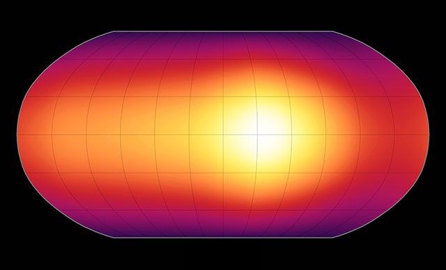 Exoplanet Weather Map shows a whitish bright spot of heat near the center of the image and cooler temperatures at the poles