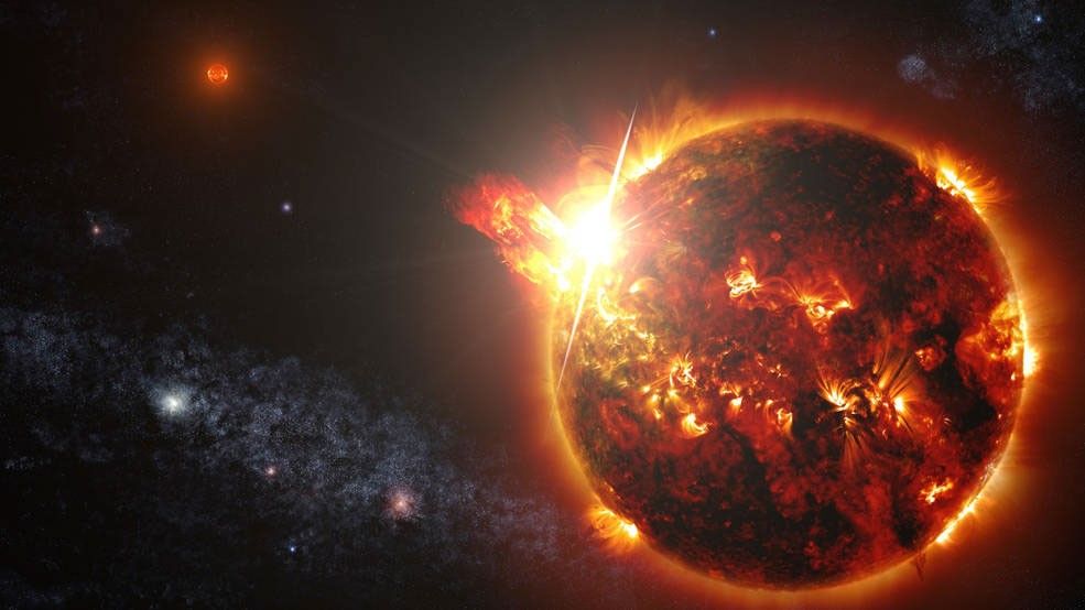 In an illustration, you can see the wide flares of a red dwarf star.