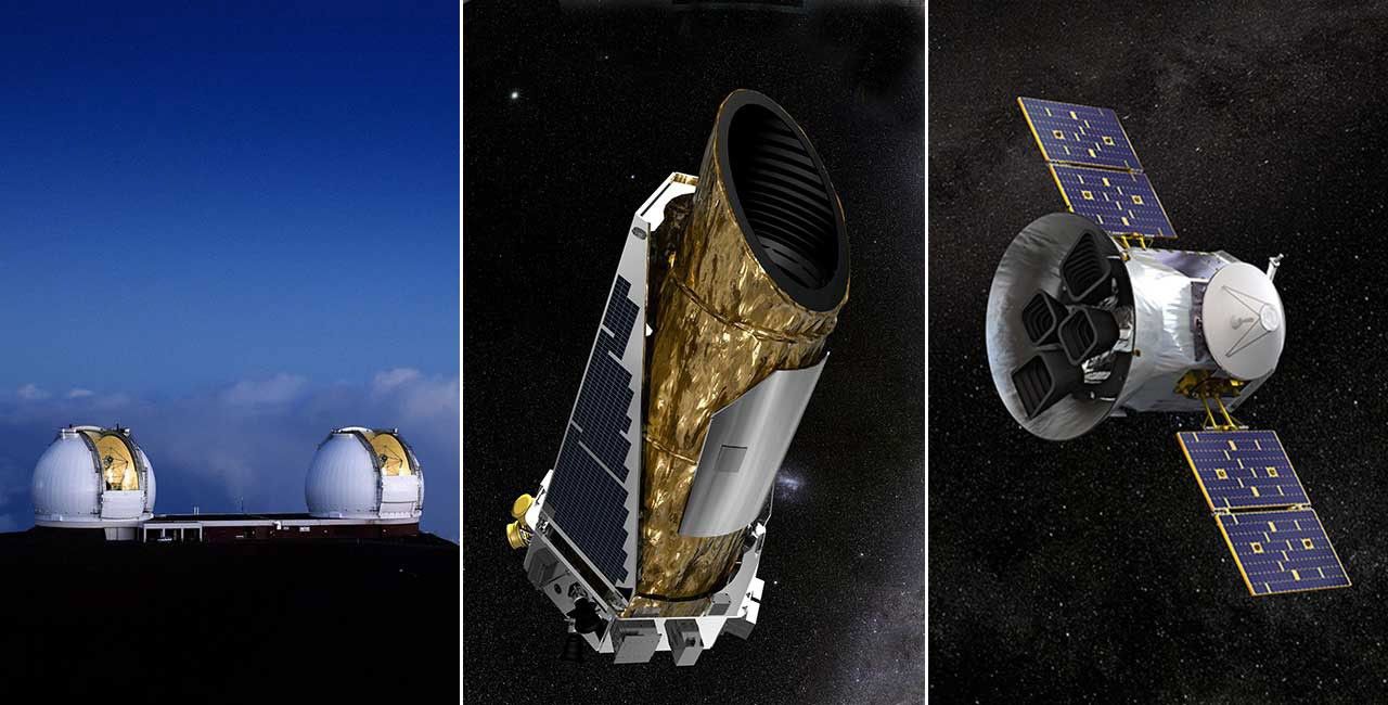 W.M. Keck Observatory, Hawaii; Kepler Space Telescope; TESS space telescope. Image credits: Keck: Rick Peterson/WMKO; Kepler: NASA/Ames/JPL-Caltech/T. Pyle; TESS: NASA’s Goddard Space Flight Center.
