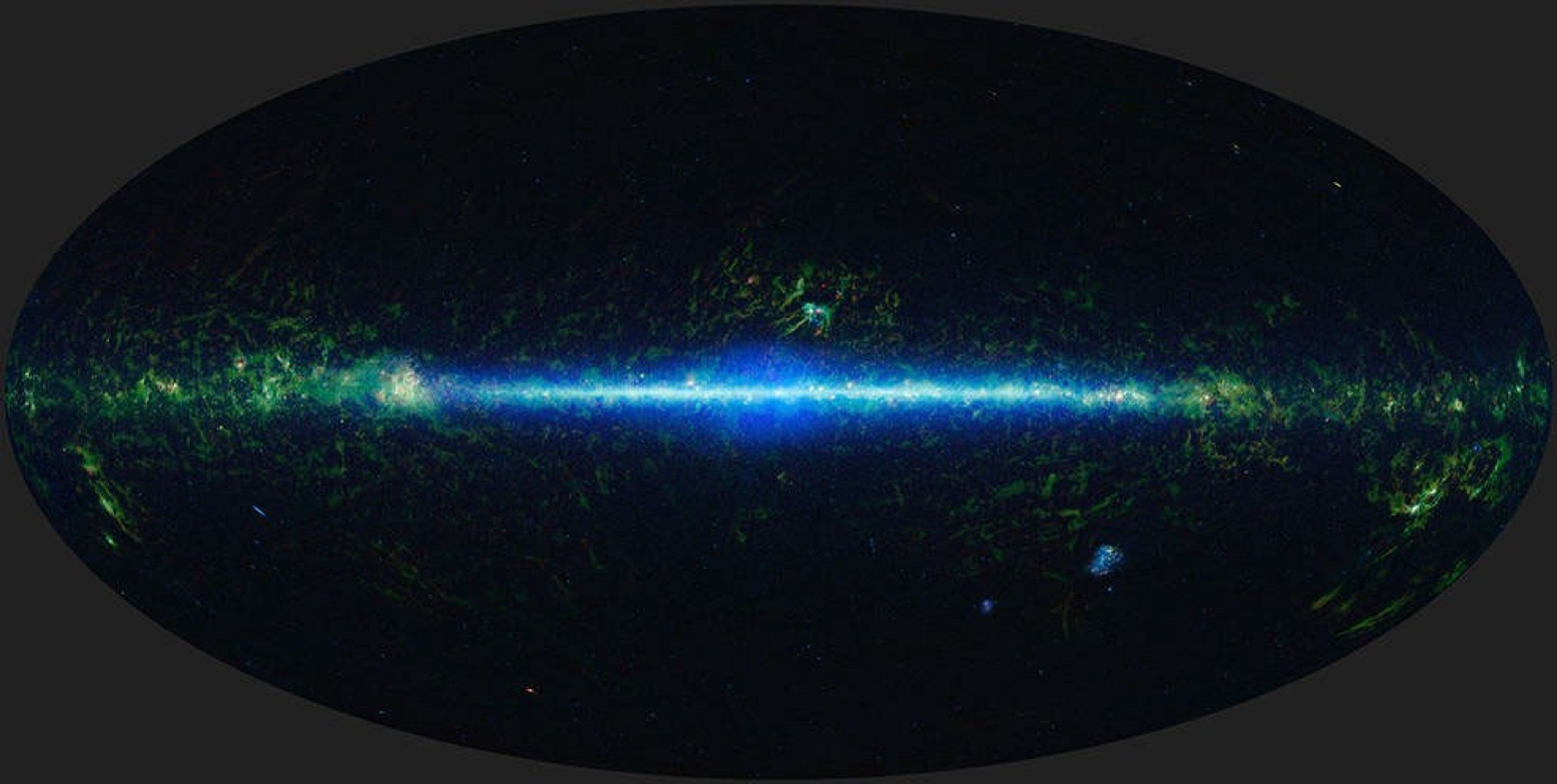 Observed by NASA's WISE mission, this image shows the entire sky seen in infrared light. Against the black background of space, running horizontally through the center of the image and seen predominantly in cyan are the stars of the Milky Way. Patches of green and red around the edges of the cyan band represent interstellar dust.