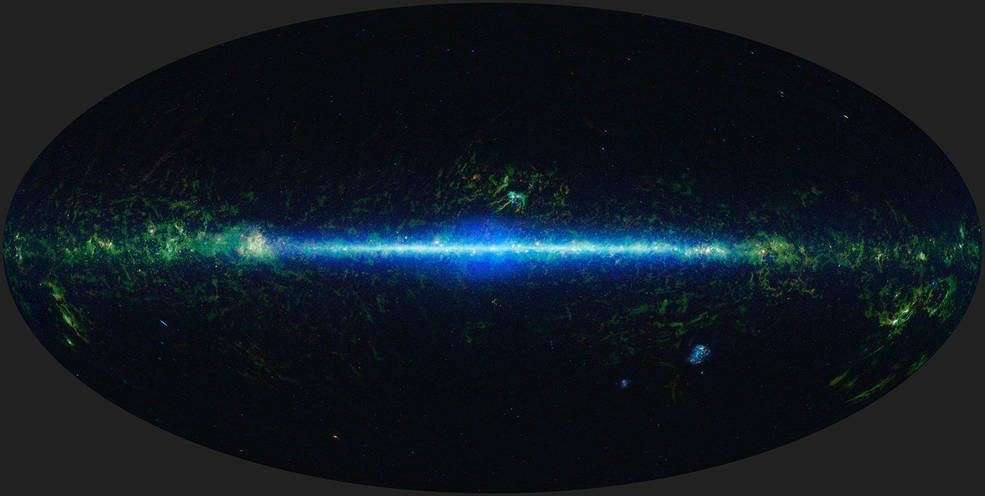Observed by NASA's WISE mission, this image shows the entire sky seen in infrared light. Against the black background of space, running horizontally through the center of the image and seen predominantly in cyan are the stars of the Milky Way. Patches of green and red around the edges of the cyan band represent interstellar dust.
