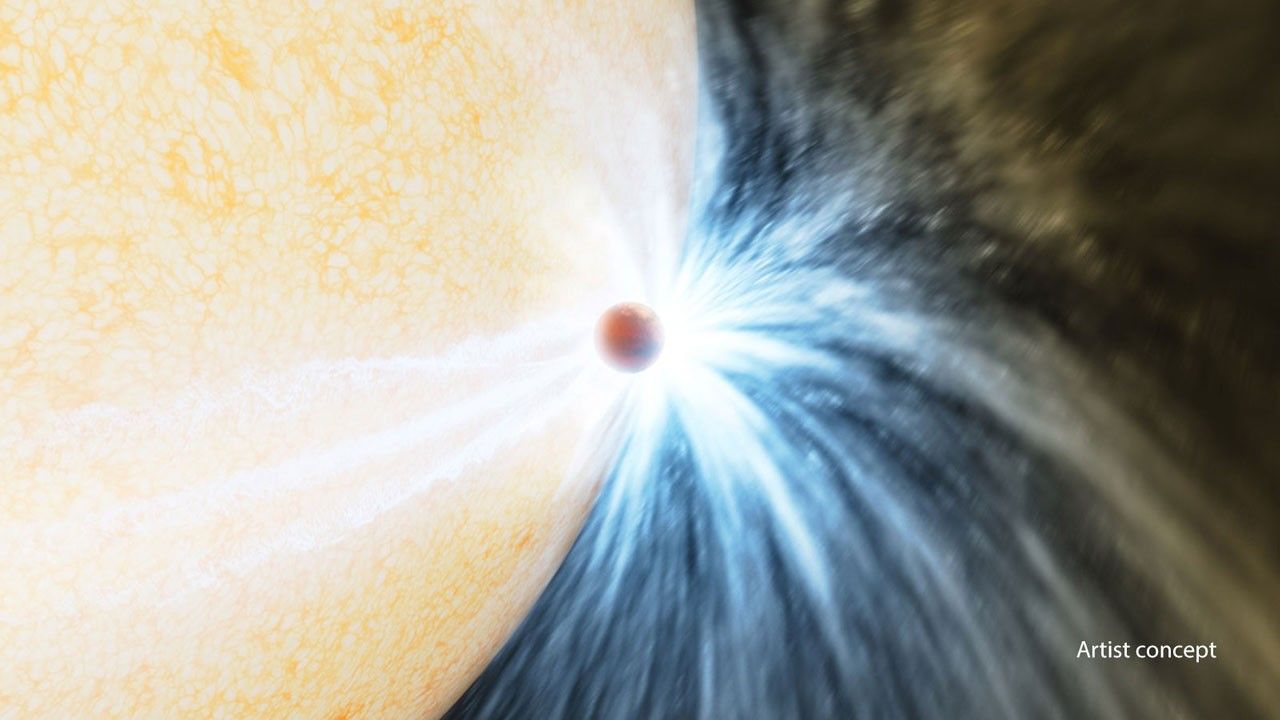 This artist concept illustration shows a large reddish orange star and great waves of gas and debris are flying away from the pair. The background is the dark of space.