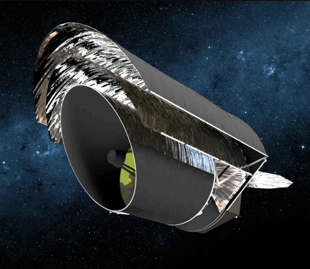 Artist 3d concept of the origins space telescope with gray shiny material around a metal tube with a mirror inside the tube