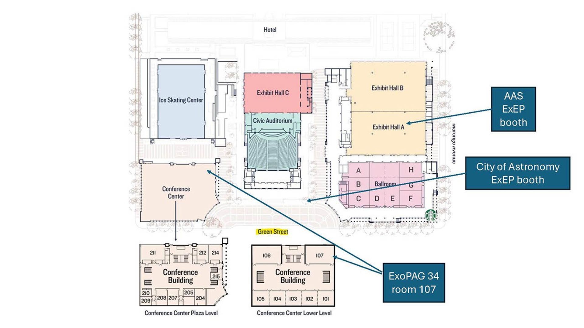 This floor plan shows the location of the meeting room for ExoPAG 34. The meeting room is 107.