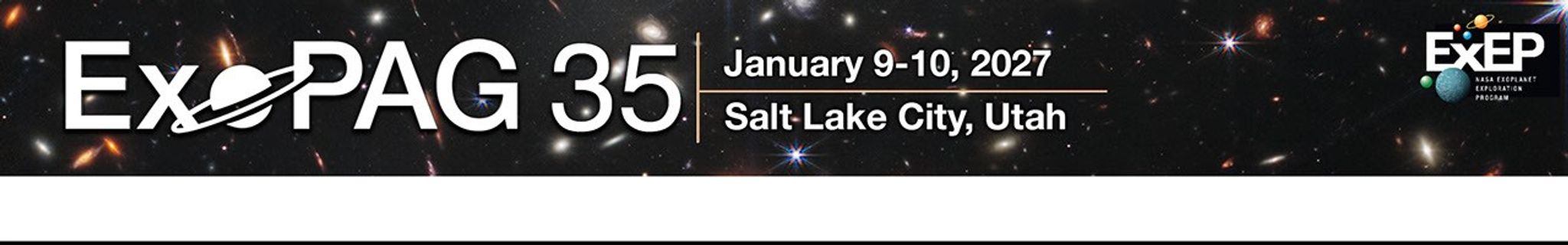 Banner graphic for the ExoPAG 35 Meeting held on January 9-10, 2027 in Salt Lake City, Utah