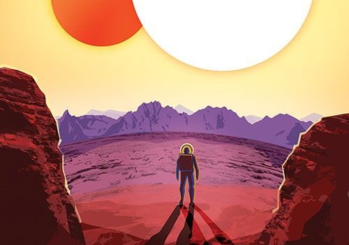 ExoExplorers graphic - exoplanet "travel" poster for Kepler 16b