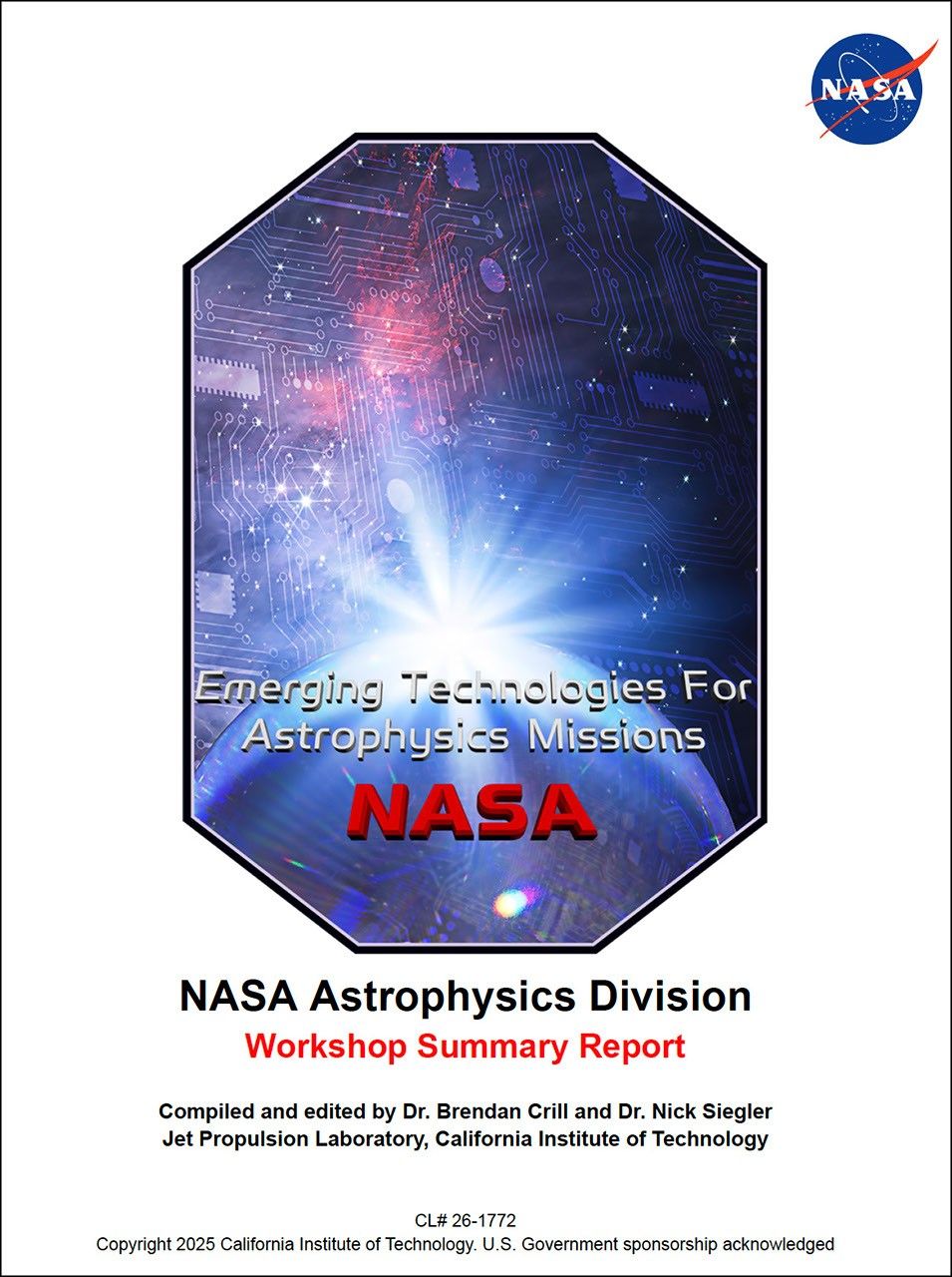 This is the cover of the Emerging Technologies for Astrophysics Missions Workshop Summary Report.