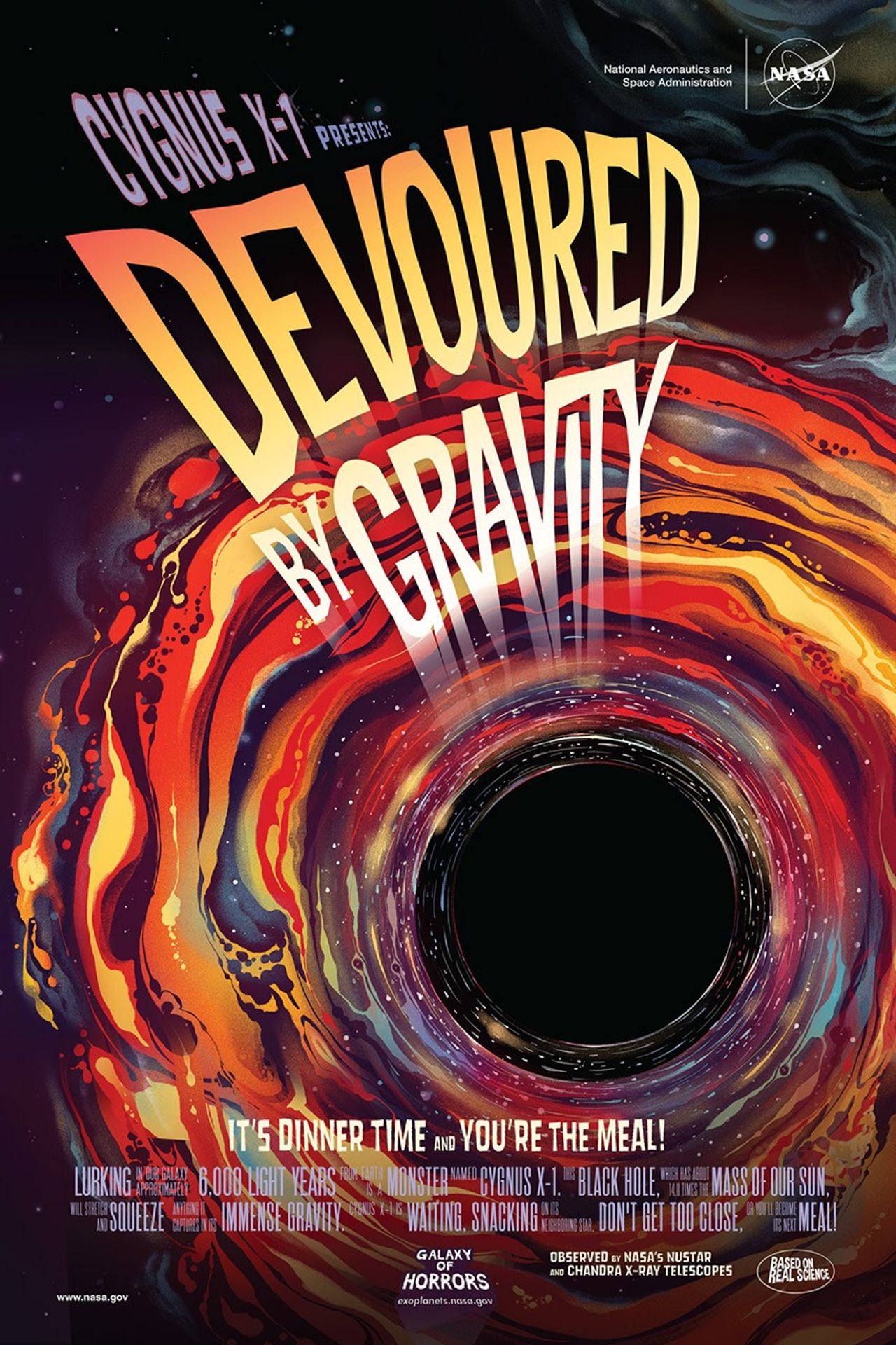 A black hole with a disc of material surrounding it consumes and stretches the words of the title above it.