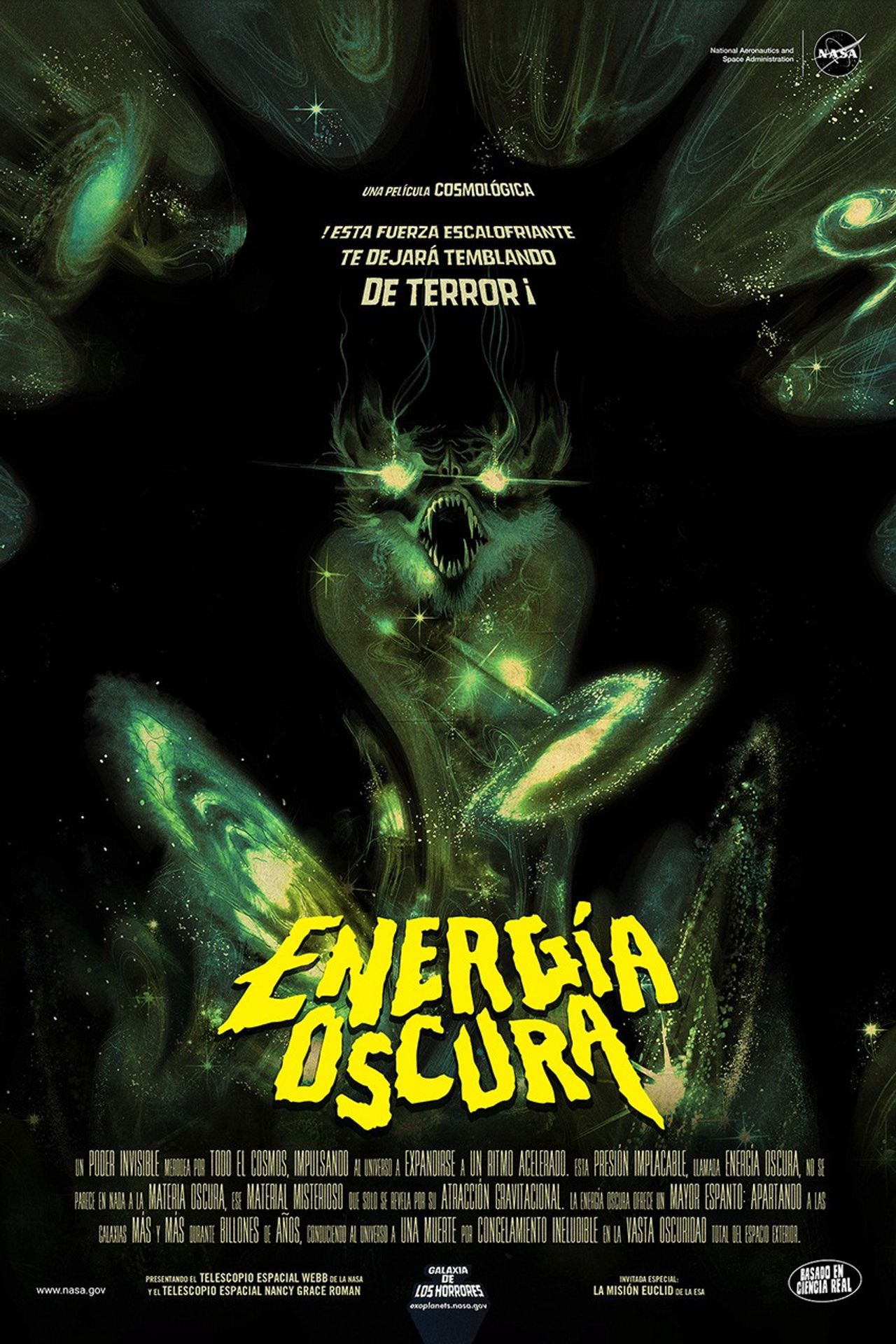 Este póster muestra un murciélago verde siniestro que emerge del cosmos, empujando objetos como galaxias y estrellas hacia el vacío del espacio exterior.