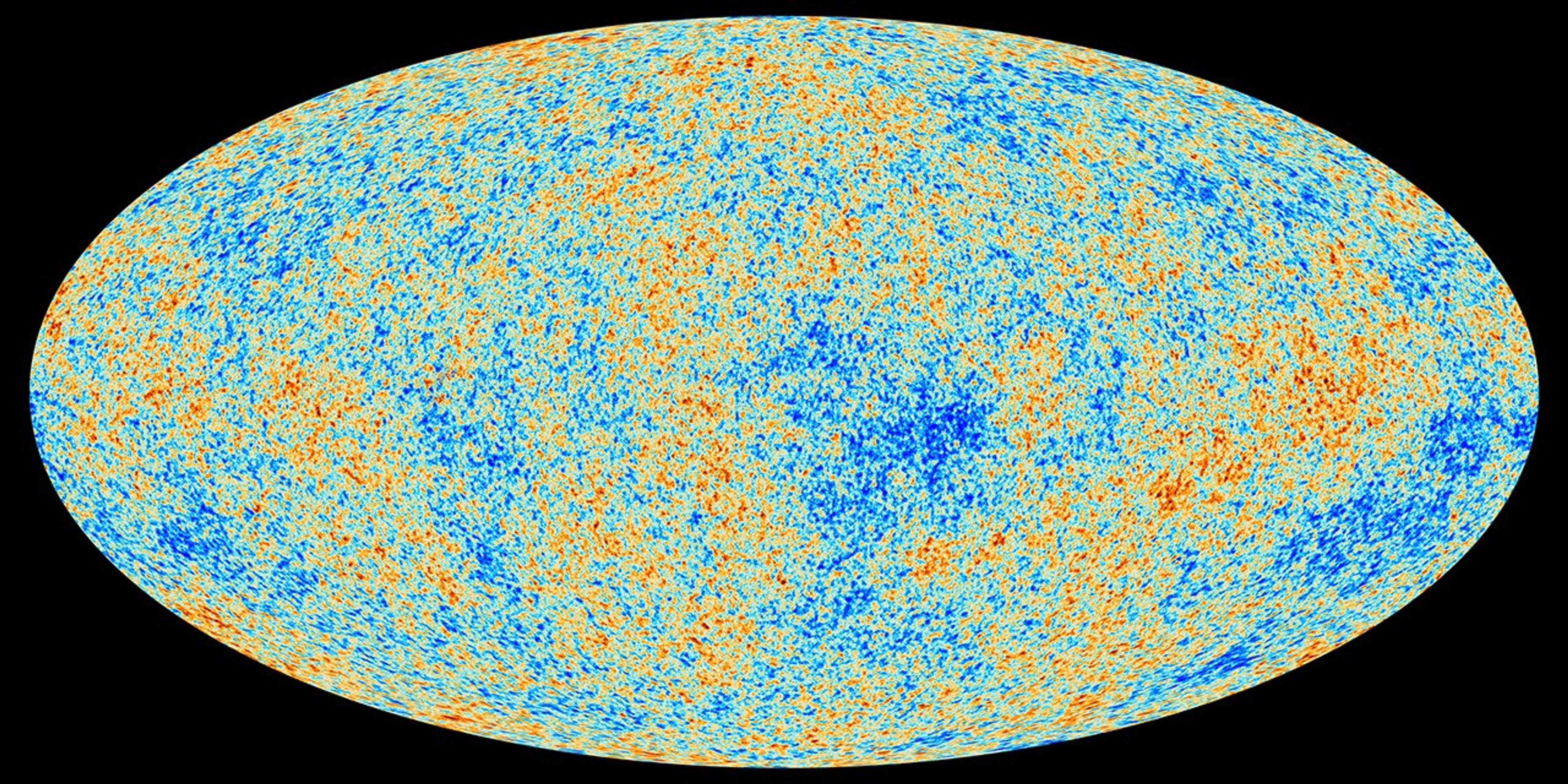 This image shows an oval that represents the whole sky if you folded it out onto a flat piece of paper. The oval is dotted with many regions ranging from blue, green, yellow and red in color. While the image looks chaotic, the blue regions are nearly always surrounded by green. The yellow are embedded in the green, and red embedded in the yellow. These show temperature differences in the early universe, which ultimately lead us to see where matter clumped together to form the structures we see today.