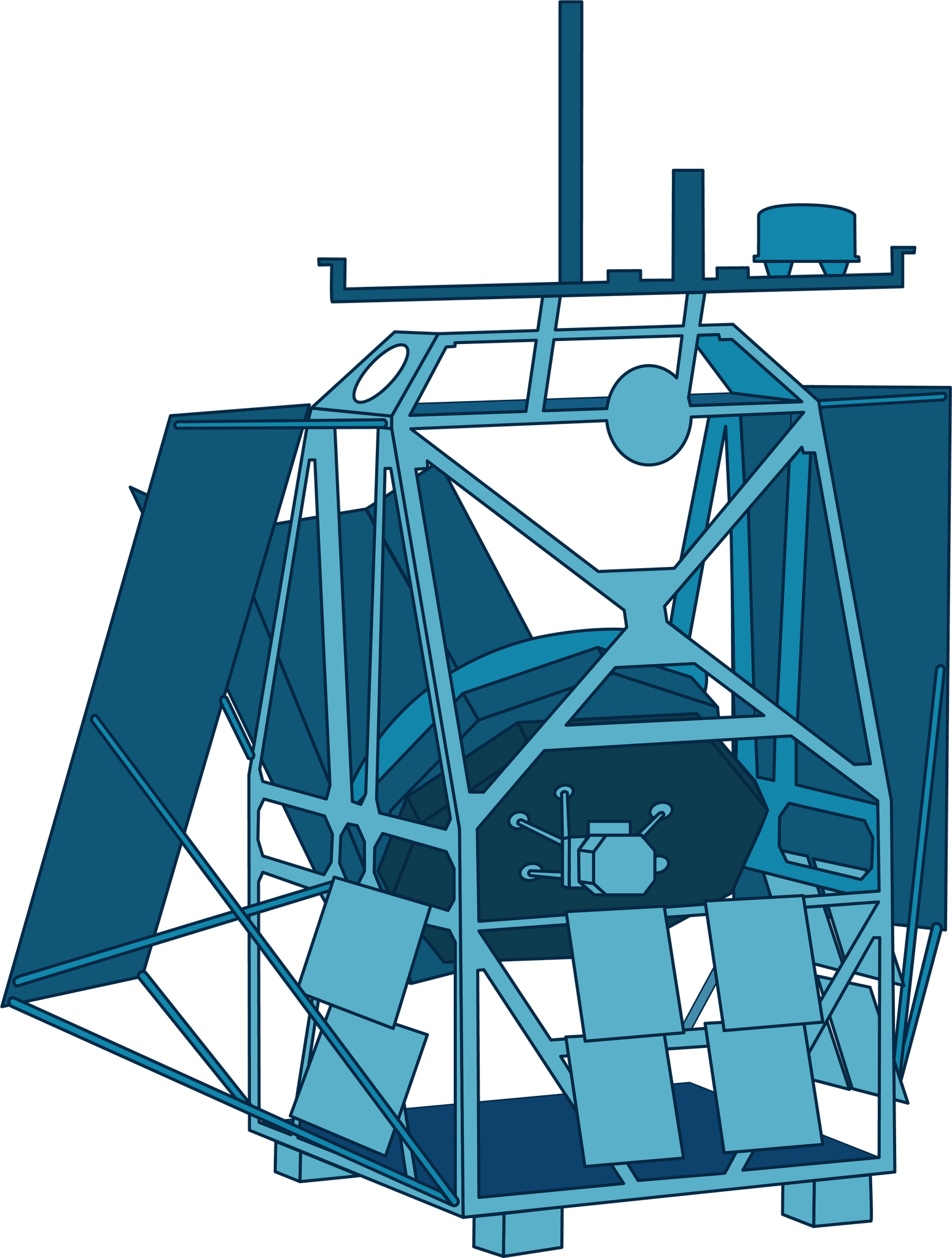 A graphic of ASTHROS is shown in light and dark shades of blue and has a main cage-like body with large, rectangular panels stemming from its sides, small square panels on its lower half, and a thin structure protruding from the top. (This structure will attach to a large balloon). A telescope protrudes from the back of the structure.