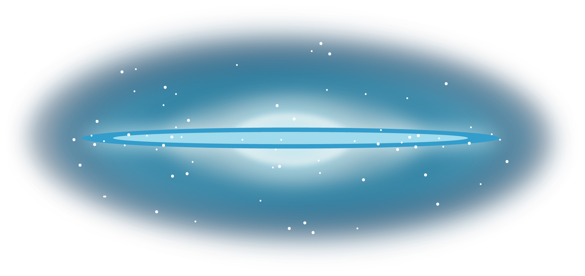 An illustration has an elongated oval in  light blue stretching across the center, outlined in a darker blue. Behind the strip is a diffuse, very light blue cloud that fades into a light blue and then a darker blue. All over the image are white speckles, representing stars.