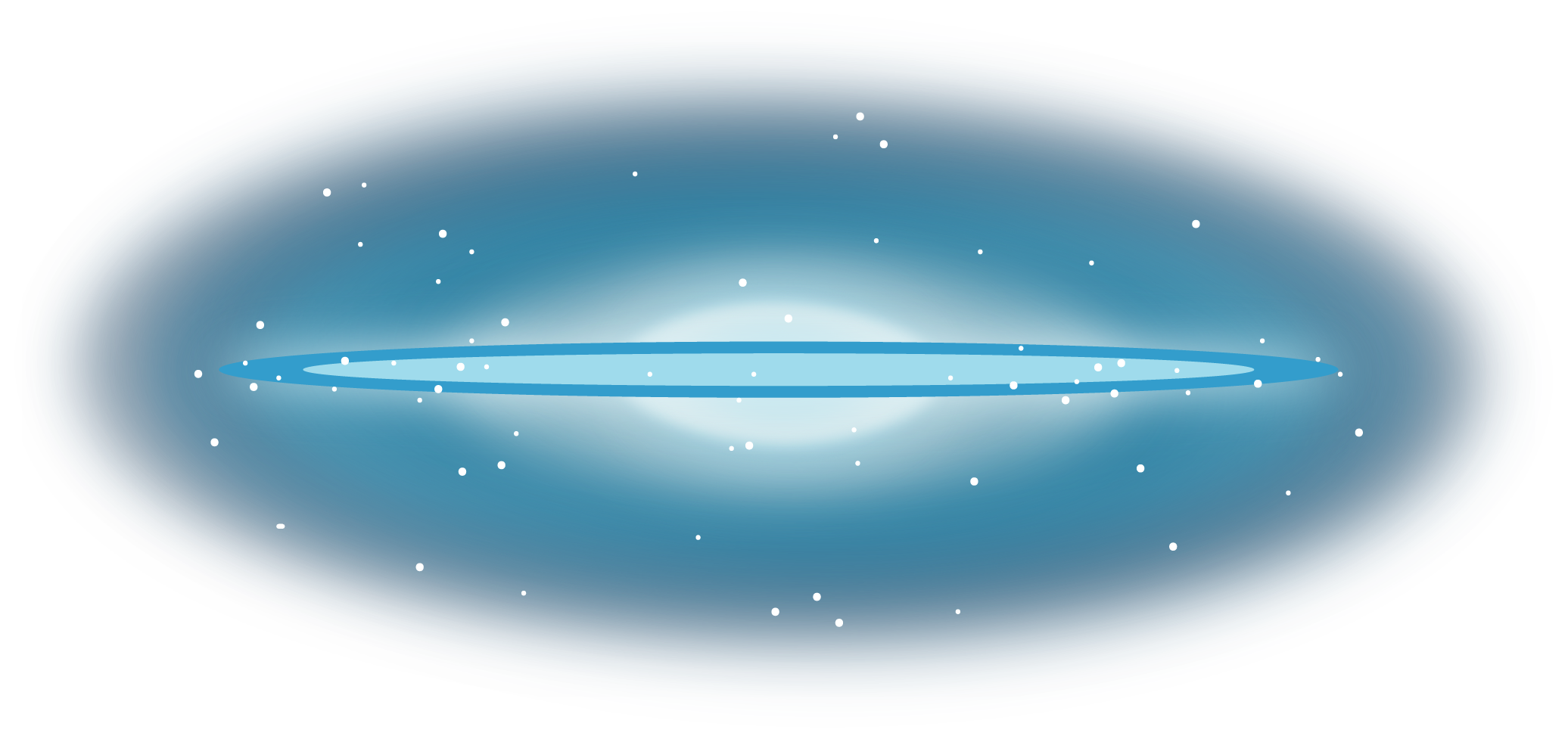 An illustration has an elongated oval in light blue stretching across the center, outlined in a darker blue. Behind the strip is a diffuse, very light blue cloud that fades into a light blue and then a darker blue. All over the image are white speckles, representing stars.