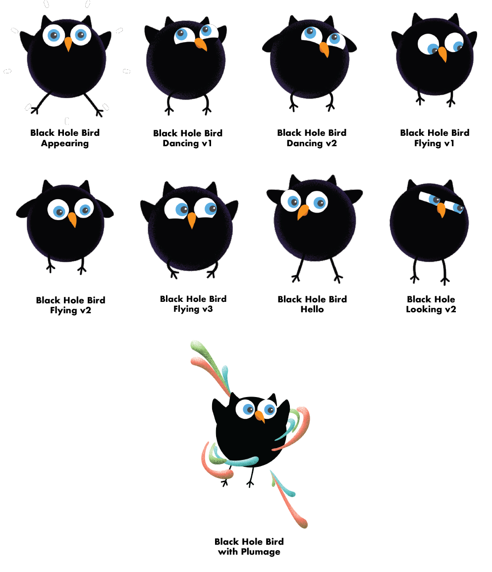 Cartoon black birds representing black holes in a number of different poses and with different expressions.
