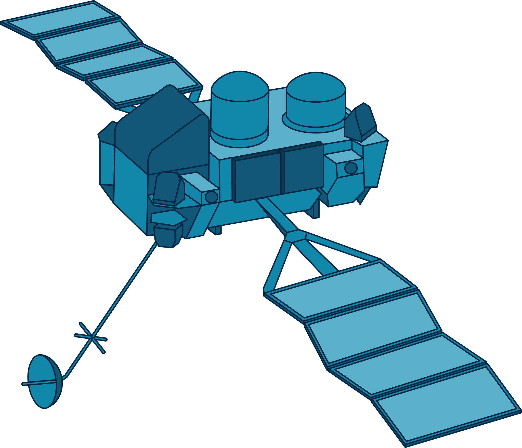 A graphic of CGRO is shown in light and dark shades of blue. The body of the spacecraft is rectangular, topped with two circular objects. Solar panels extend to either side, and a long pole with a small satellite dish at the end extends from the front end of the spacecraft.