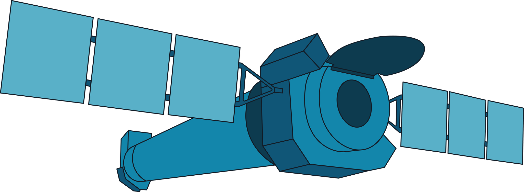 A graphic of Chandra is shown in light and dark blue with a long, cylindrical main body. At the front of this cylinder is a darker circle. Jutting off of the front of the main body are two "wings" of solar arrays.