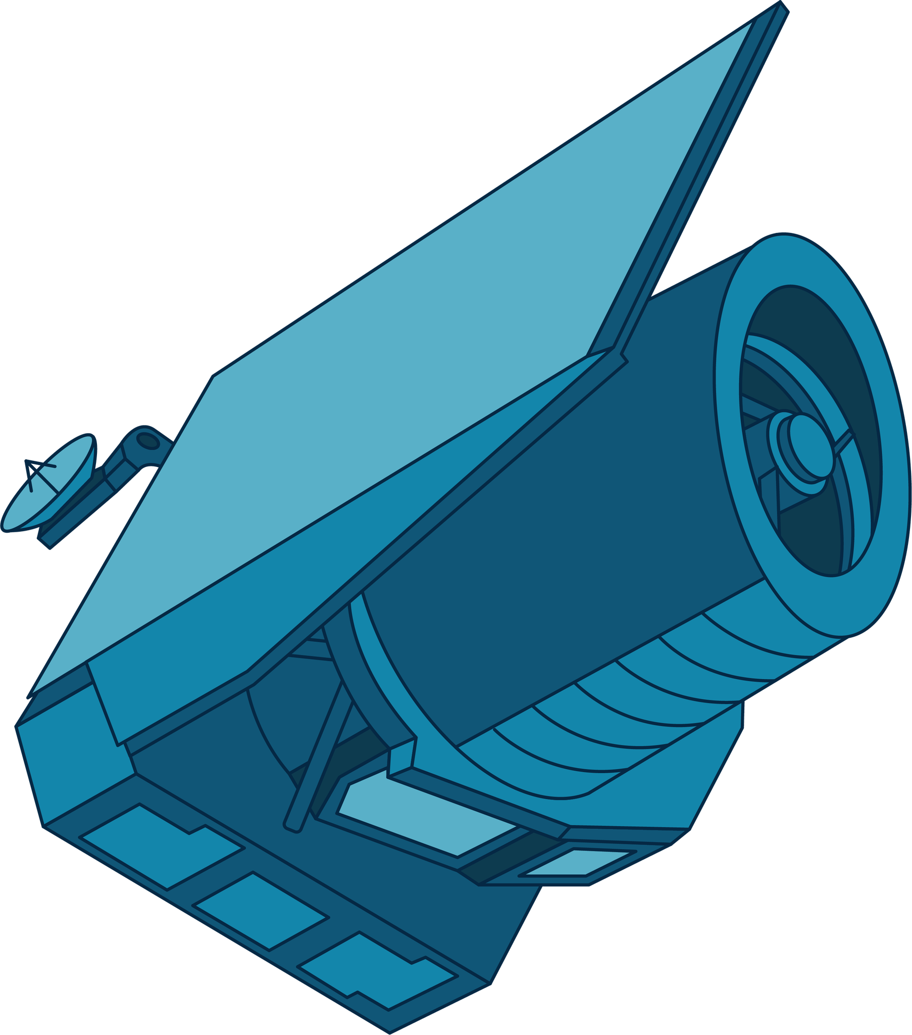 An illustration in multiple shades of blue depicting Euclid. The spacecraft has a cylindrical body with an open top and a flat, square base as well as a flat panel along its back.