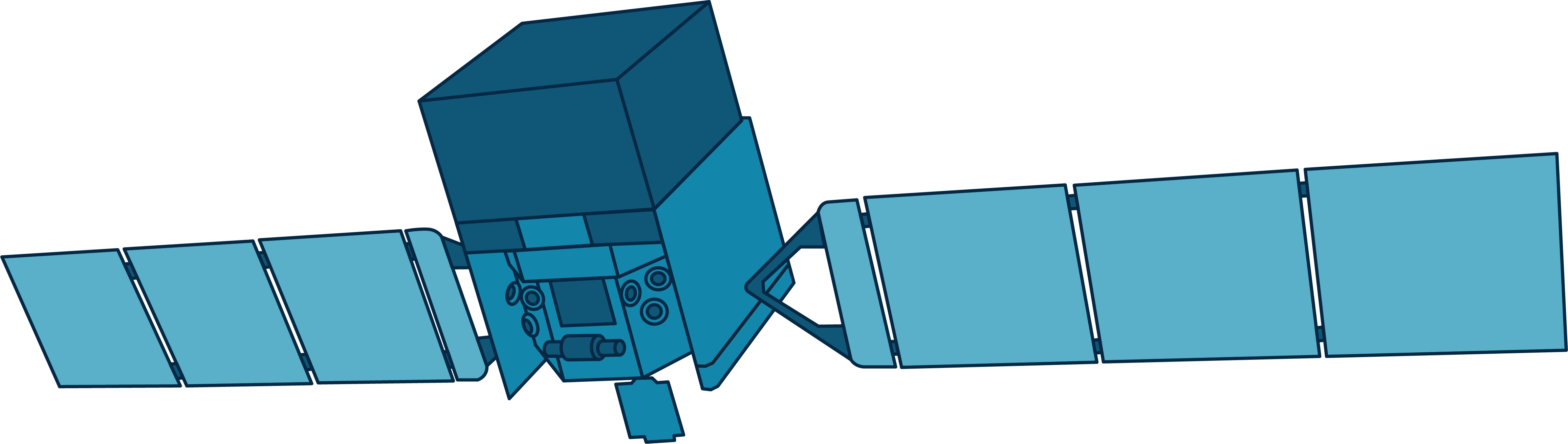Fermi is illustrated in multiple shades of blue. With two "wings" coming out of its sides, each with three panels of solar arrays, the main body of the spacecraft is box-shaped. It has a main body with one open side with small components visible within and a smaller, darker box on top.