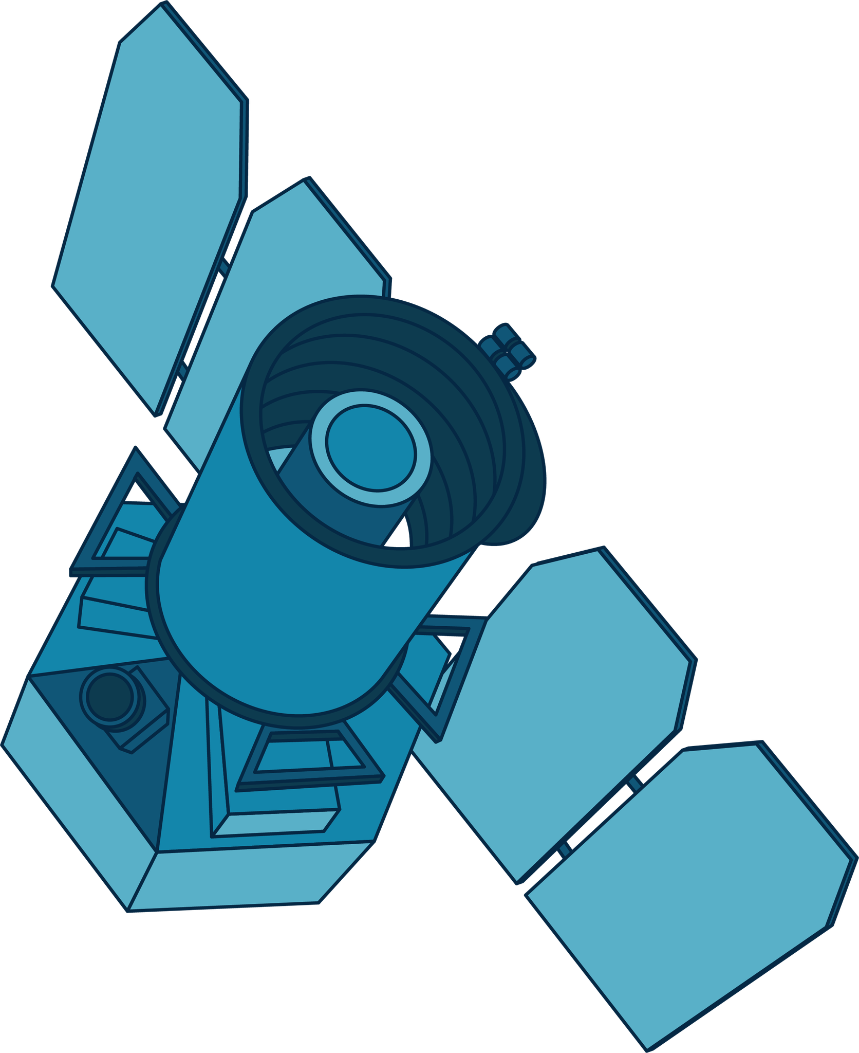 GALEX is illustrated in multiple shades of blue. The spacecraft body is made up of a hexagonal object topped by a cylindrical object. Solar panels extend to either side.