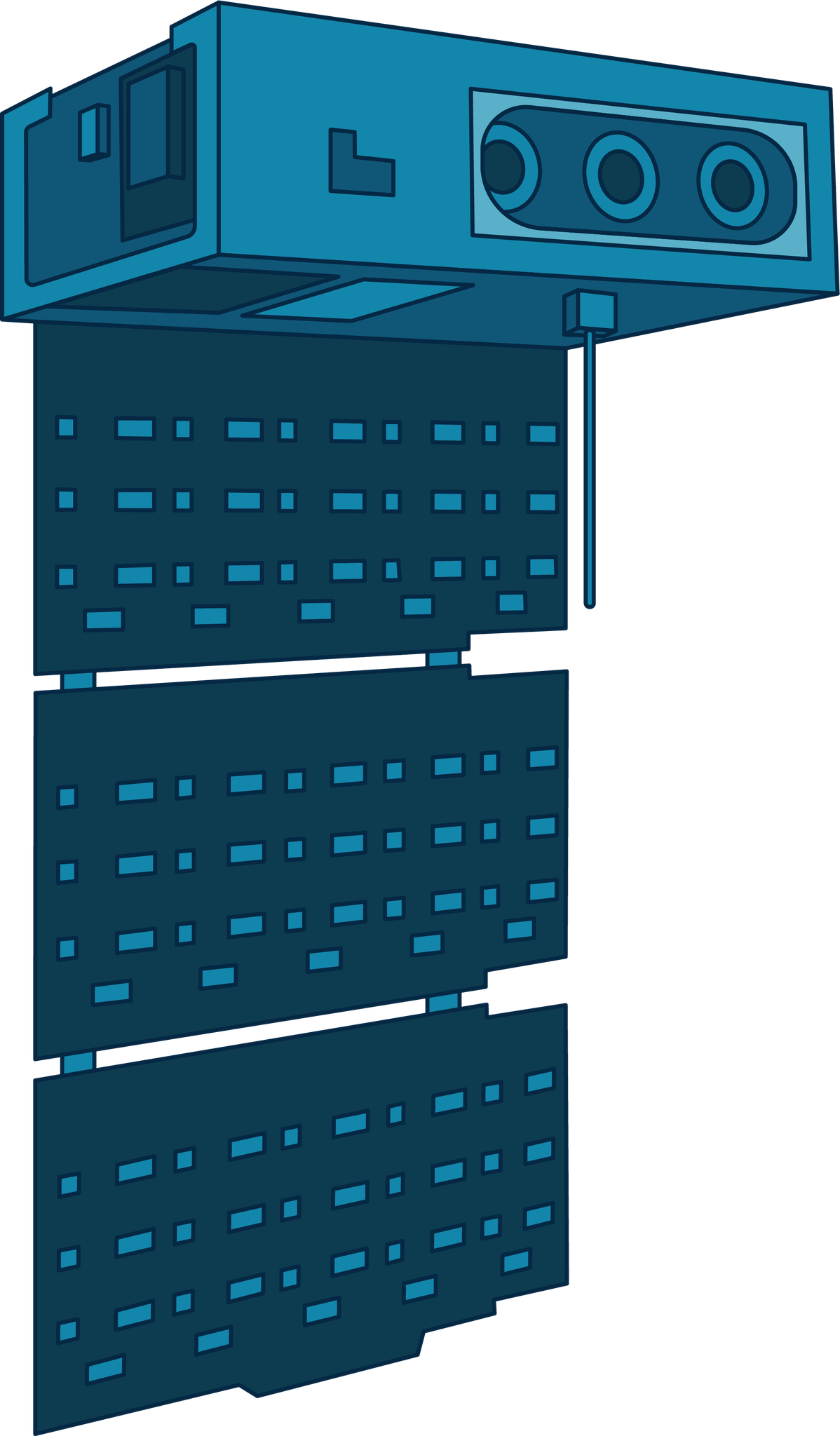 This HaloSat illustration shows the space telescope in shades of blue. The body of the spacecraft is a rectangle with three circles along the long, narrow side. One solar panel extends from the spacecraft body.