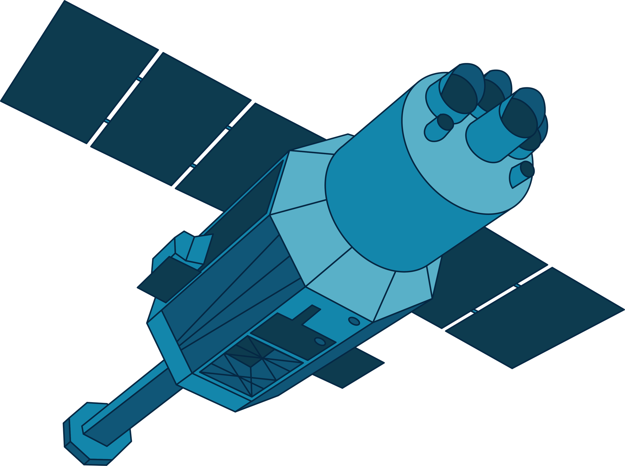 This Hitomi illustration shows the space telescope in shades of blue. The main body of the spacecraft is a long octagon with a cylindrical object on the front end. The cylinder has several smaller cylinders extending from it. On the back end of the satellite extends a long pole that ends in an octagonal panel. Solar panels extend to either side of the main body.