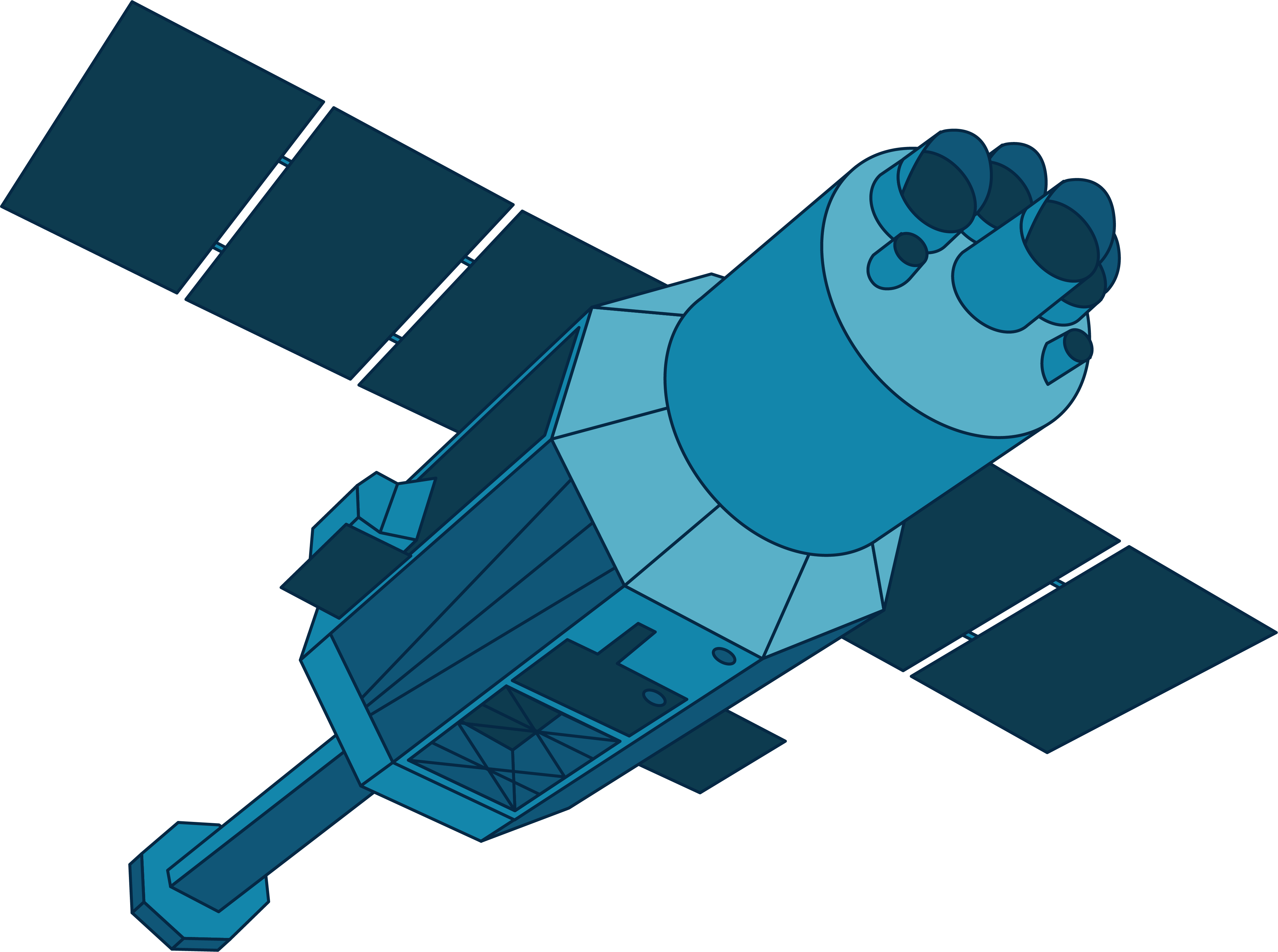 This Hitomi illustration shows the space telescope in shades of blue. The main body of the spacecraft is a long octagon with a cylindrical object on the front end. The cylinder has several smaller cylinders extending from it. On the back end of the satellite extends a long pole that ends in an octagonal panel. Solar panels extend to either side of the main body.