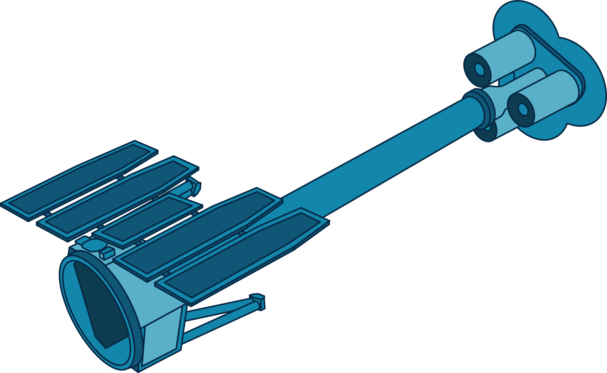 The IXPE observatory is illustrated in shades of blue. The full shape of IXPE is horizontal, with a three-leaf-clover shaped base with small cylinders on each "leaf" of the base. Stemming outward is a long cylindrical body that comes to a larger, open head with a series of thin panels on top.