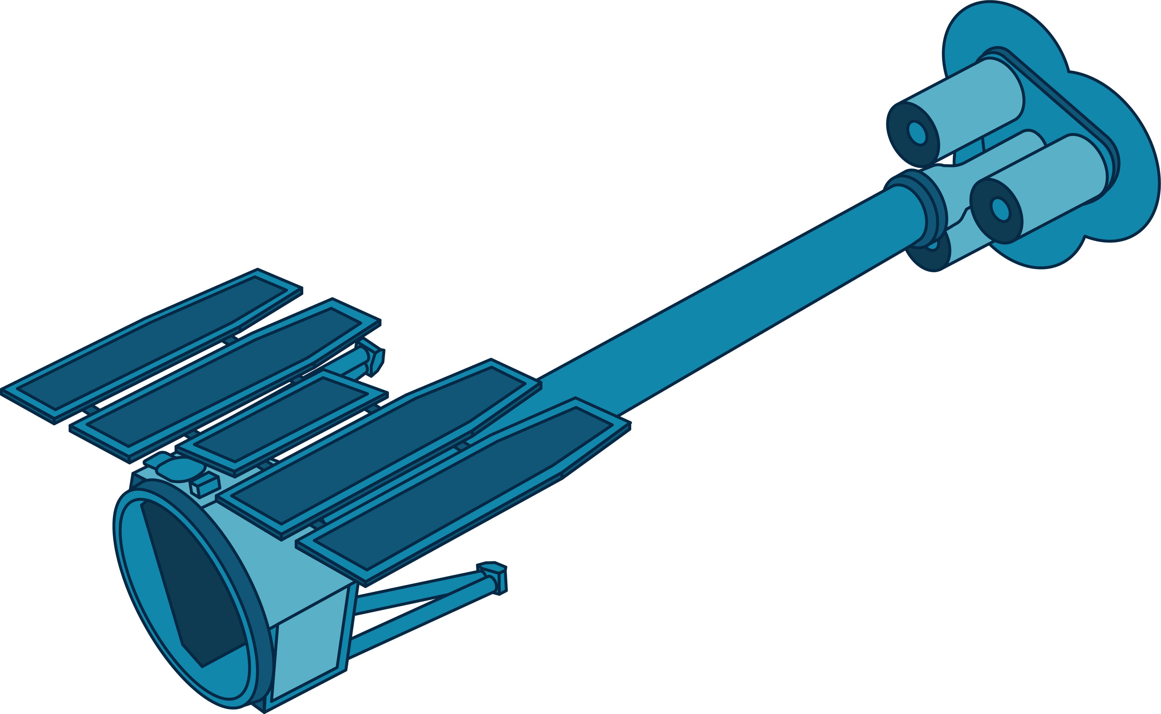 The IXPE observatory is illustrated in shades of blue. The full shape of IXPE is horizontal, with a three-leaf-clover shaped base with small cylinders on each "leaf" of the base. Stemming outward is a long cylindrical body that comes to a larger, open head with a series of thin panels on top.