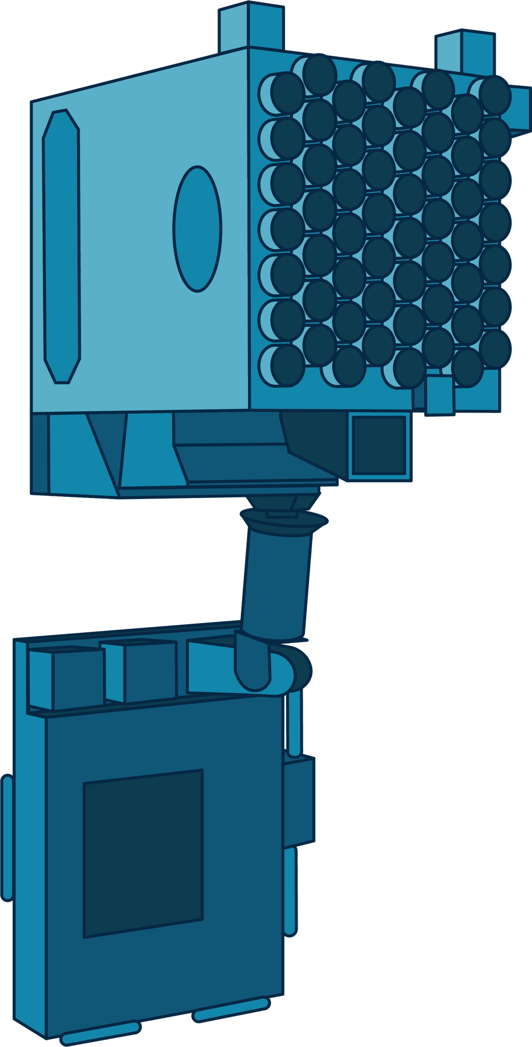 This illustration shows NASA's NICER observatory in shades of blue. A smaller, flat and square lower half connects to a top half that is cube-shaped with a series of small, circular pieces across its face.