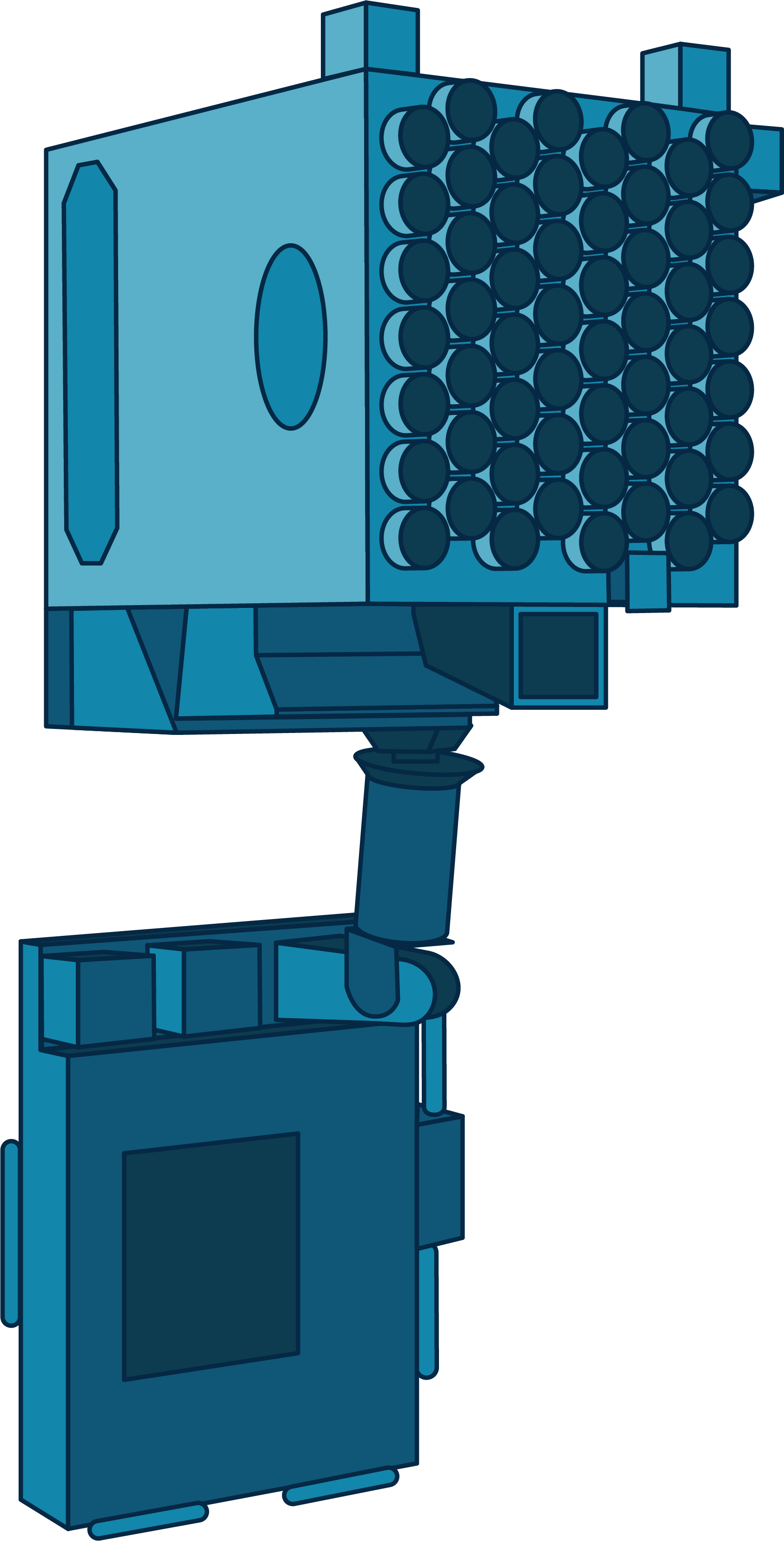 This illustration shows NASA's NICER observatory in shades of blue. A smaller, flat and square lower half connects to a top half that is cube-shaped with a series of small, circular pieces across its face.