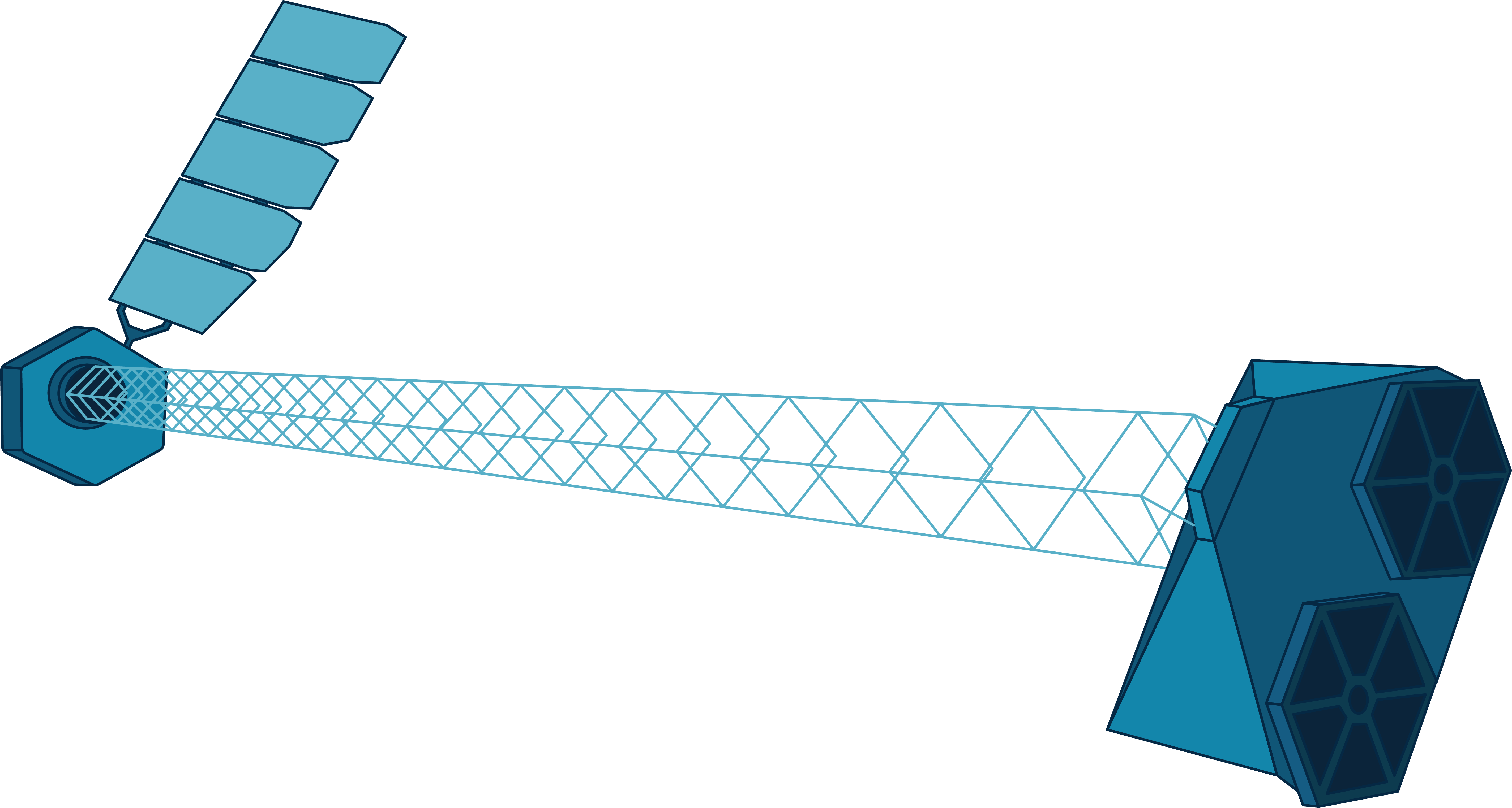 This illustration shows NASA's NuSTAR space telescope in shades of blue. Attached to the base of the instrument is a long, tower-like structure that extends out towards the front of the spacecraft that has a singular, wing-shaped solar array attached.
