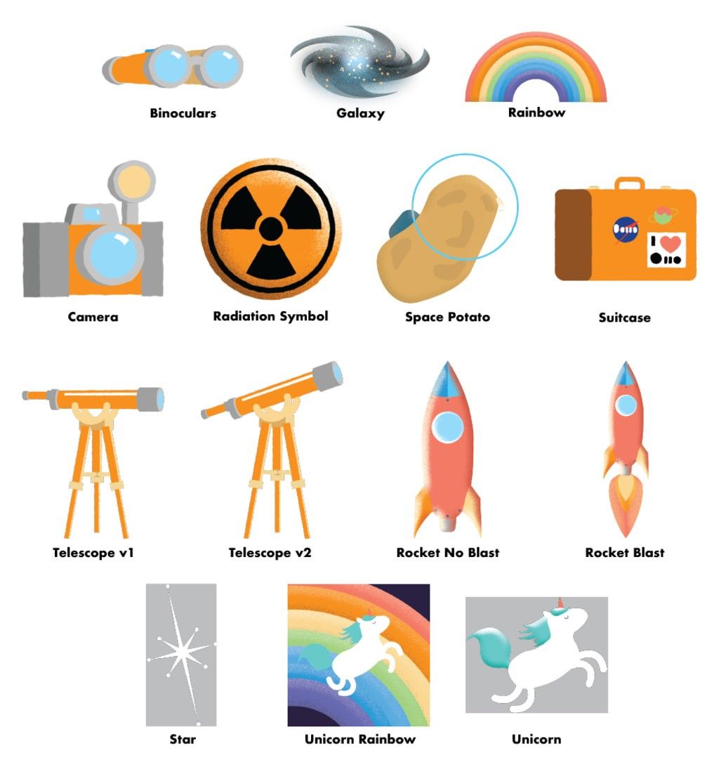 This image shows an array of different cartoon items. Across the top row is a pair of binoculars, a galaxy, and a rainbow. The binoculars are two orange cylinders with blue glass at the end. Next is a galaxy which has a bright pale blue center with yellow stars dotted around it. The galaxy itself is a swirl of spiky arms in shades of black and gray. Next is a rainbow, which is a full arc with red on the outside along the top, and purple on the bottom, with orange, yellow, green, and blue between the two. The second row has a camera, radiation symbol, space potato, and suitcase. The camera is modeled after an old hand-held camera with gray sides, an orange body, and a large blue lens. On the top is a yellow flash. The radiation symbol is a large orange circle with three black triangular wedges inside. The space potato is a brown potato with a blue circle around the top half, representing a helmet. On its back is a blue shape, representing a jet pack. The suitcase is an orange rounded box with an orange handle. On the front are illegible stickers. The third row has two telescopes and two rockets. The telescopes are orange cylinders that sit on three orange legs. The first image has the telescope pointing directly to the right, while the second points slightly up and to the right. The rocket is red with a blue nose and a light blue circle for a porthole. It also has orange fins. In the first image, we just see the rocket, in the second image there is a blast of fire underneath it in shades of orange and yellow. Finally, along the bottom there is a star, a unicorn with a rainbow behind it and a stand-alone unicorn. The star is white and represented as two crossed “x”s. At the end of each spike is a dot. In both images with the unicorn, it is a white unicorn jumping up and to the right. It has a green mane and tail, and an orange horn. In the image with a rainbow, the image is square with the rainbow running from purple in the bottom left to red in the upper right, with blue, green, yellow and orange filling in the middle. The unicorn is centered in front of the rainbow. Each item has text beneath it labeling what it is.