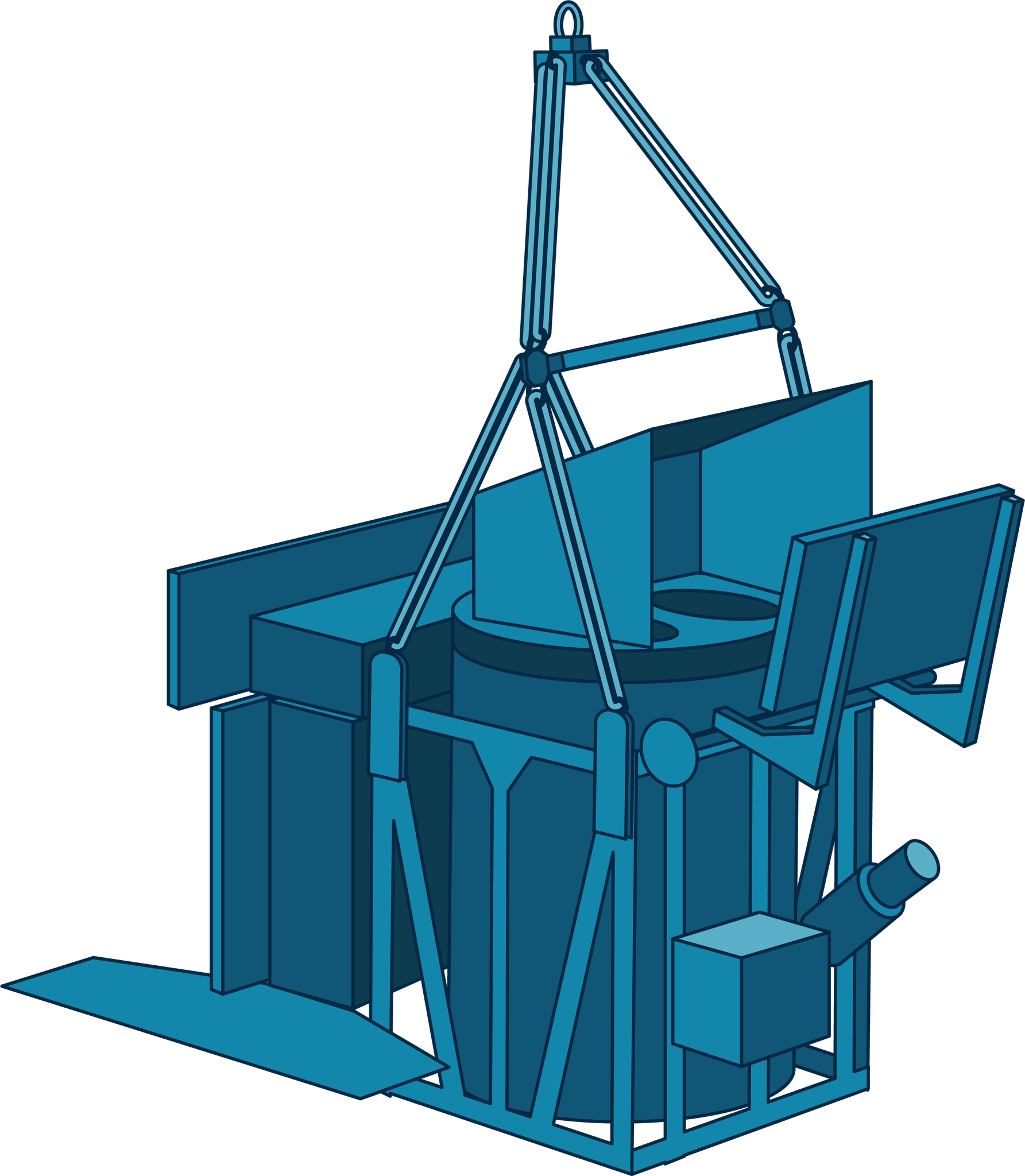 This illustration shows NASA's PIPER instrument in shades of blue. Piper has a cage-like structure with a large cylinder inside of it and smaller boxes attached around it. Long thin support pieces extend from the body upward, which will attach the payload to a large balloon.