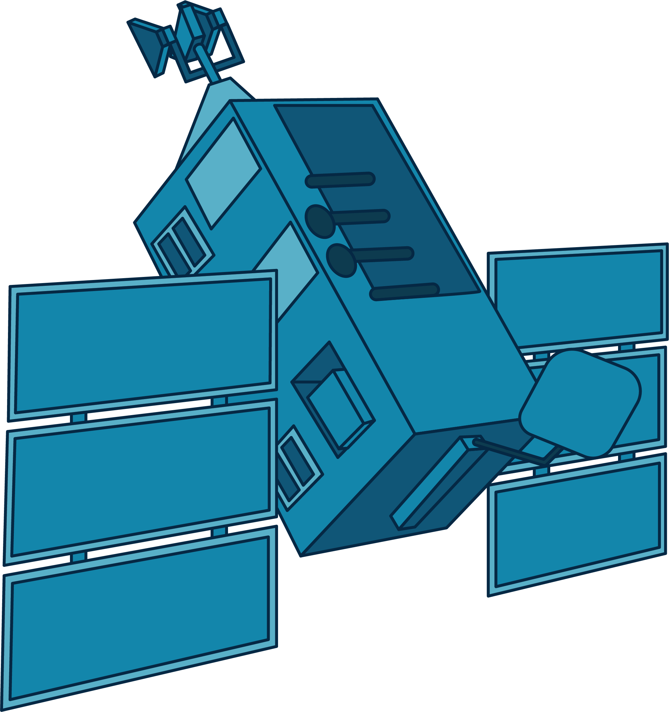 This illustration shows NASA's RXTE satellite in shades of blue. The satellite's main body is shaped like a rectangular box with two solar array "wings," one on either side.