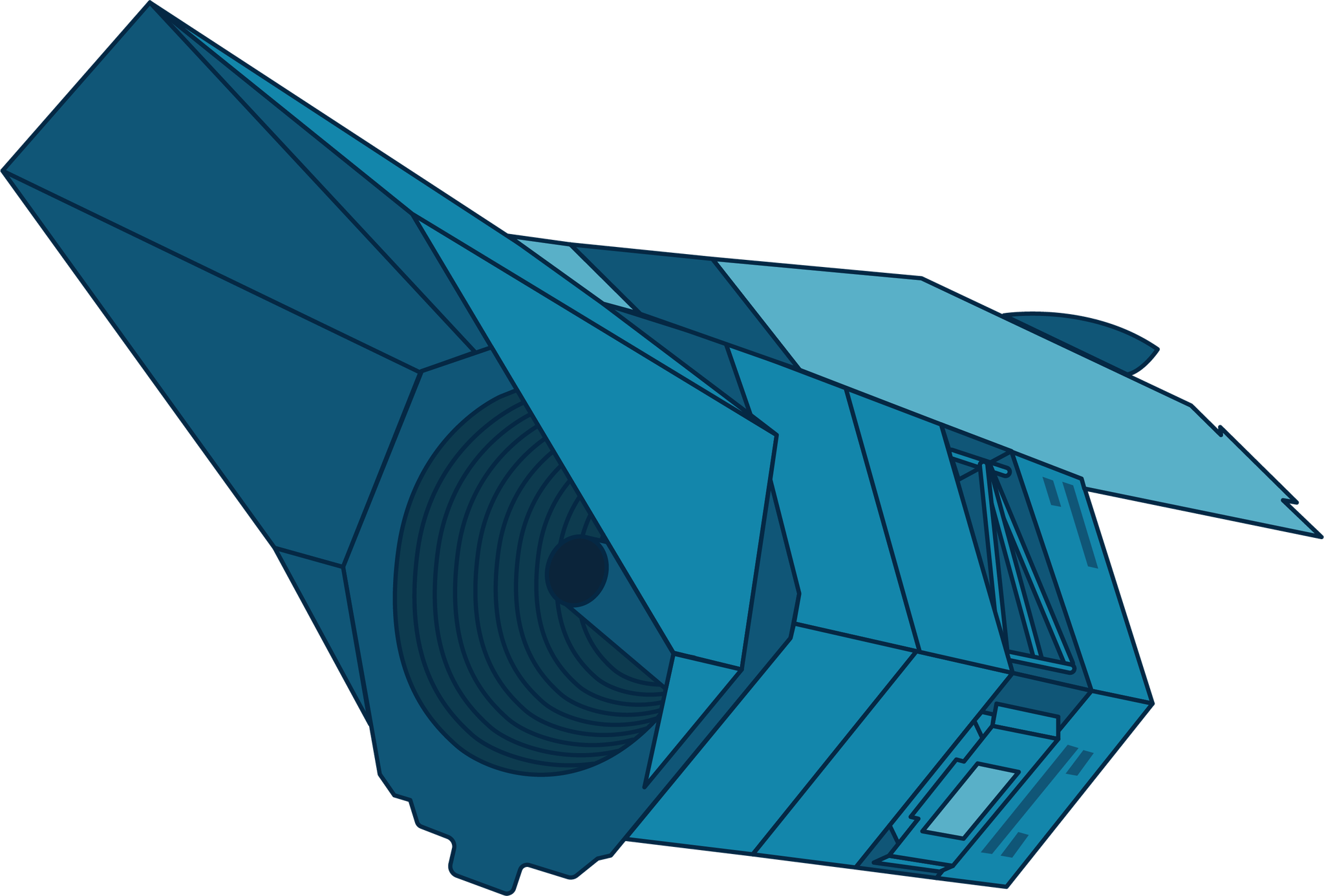 This illustration shows NASA's Roman mission in shades of blue. A multi-sided cylindrical body has an opening at its top. Exending from the opening are panels along the top half. A flat panel on the back represents the solar panel. Along the side of the body a few instruments are visible.
