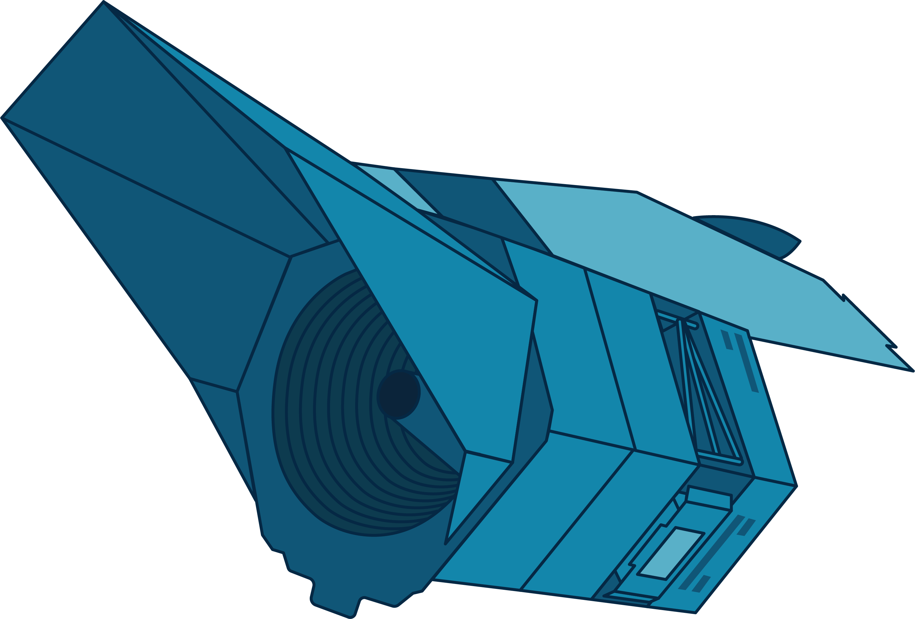 This illustration shows NASA's Roman mission in shades of blue. A multi-sided cylindrical body has an opening at its top. Exending from the opening are panels along the top half. A flat panel on the back represents the solar panel. Along the side of the body a few instruments are visible.