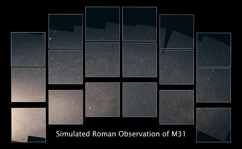 This image shows the detector “footprint” of NASA's Nancy Grace Roman Space Telescope. Six columns of three squares are arranged such that the top of the middle two columns are close to the top of the image, the next two columns are a little lower down, and the two outer columns are even lower. Within these square are seen a simulated image that has a background of pale black dotted with stars. The squares on the lower left side have brighter light, which would represent regions of the sky closer to the center of the Andromeda galaxy.
