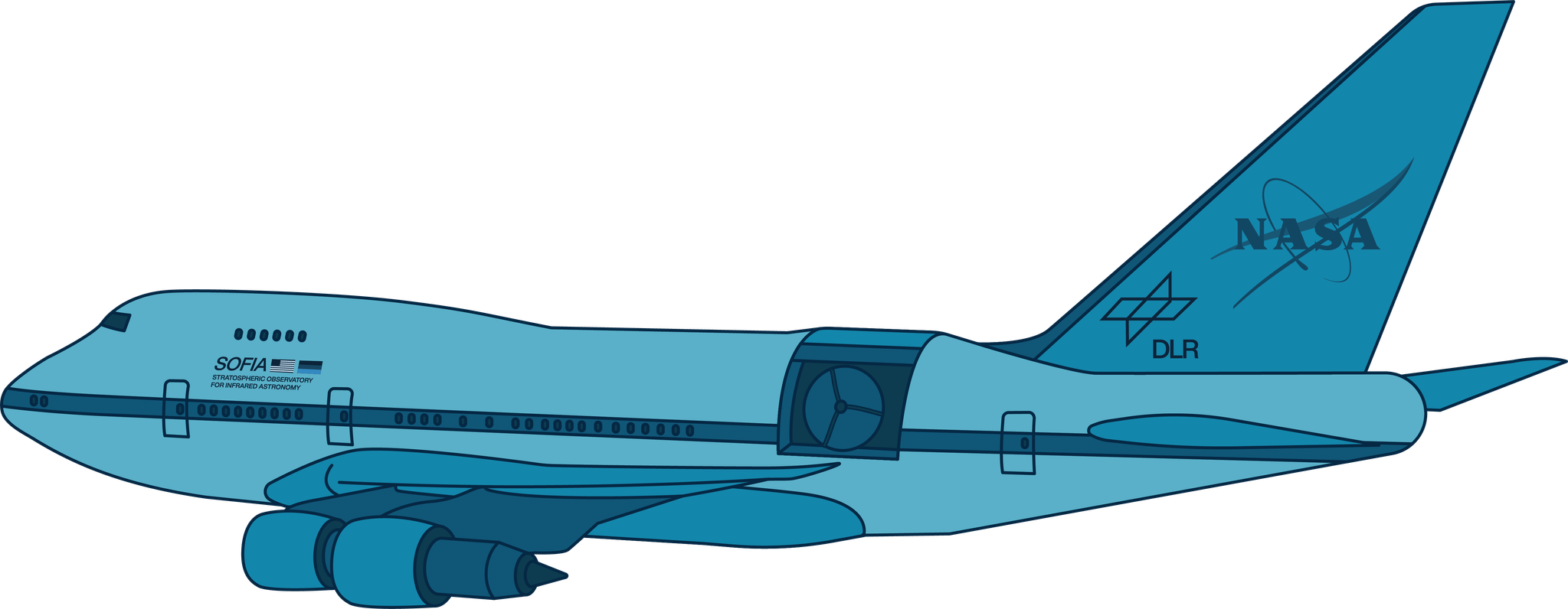 This illustration shows NASA's SOFIA in shades of blue. SOFIA is a modified Boeing 747SP aircraft, and so it is shaped like a commercial airplane, with the NASA and German Aerospace Center (DLR) logos on its tail.