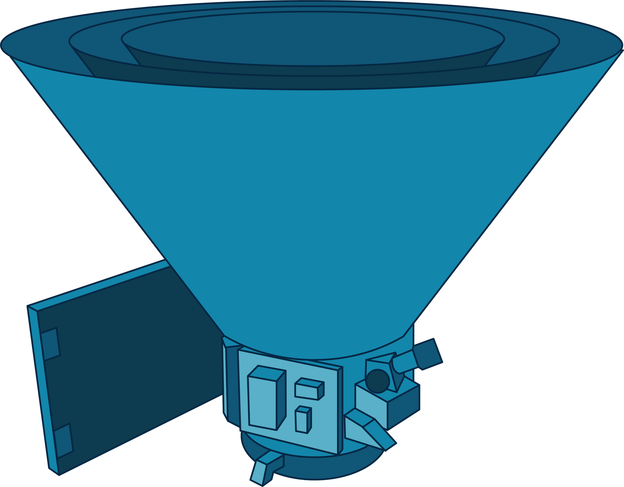 This illustration of NASA's SPHEREx mission shows the spacecraft in shades of blue. The main body of the spacecraft is cone shaped with smaller cone shapes within it, with a solar array "wing" stemming from the side of the craft.