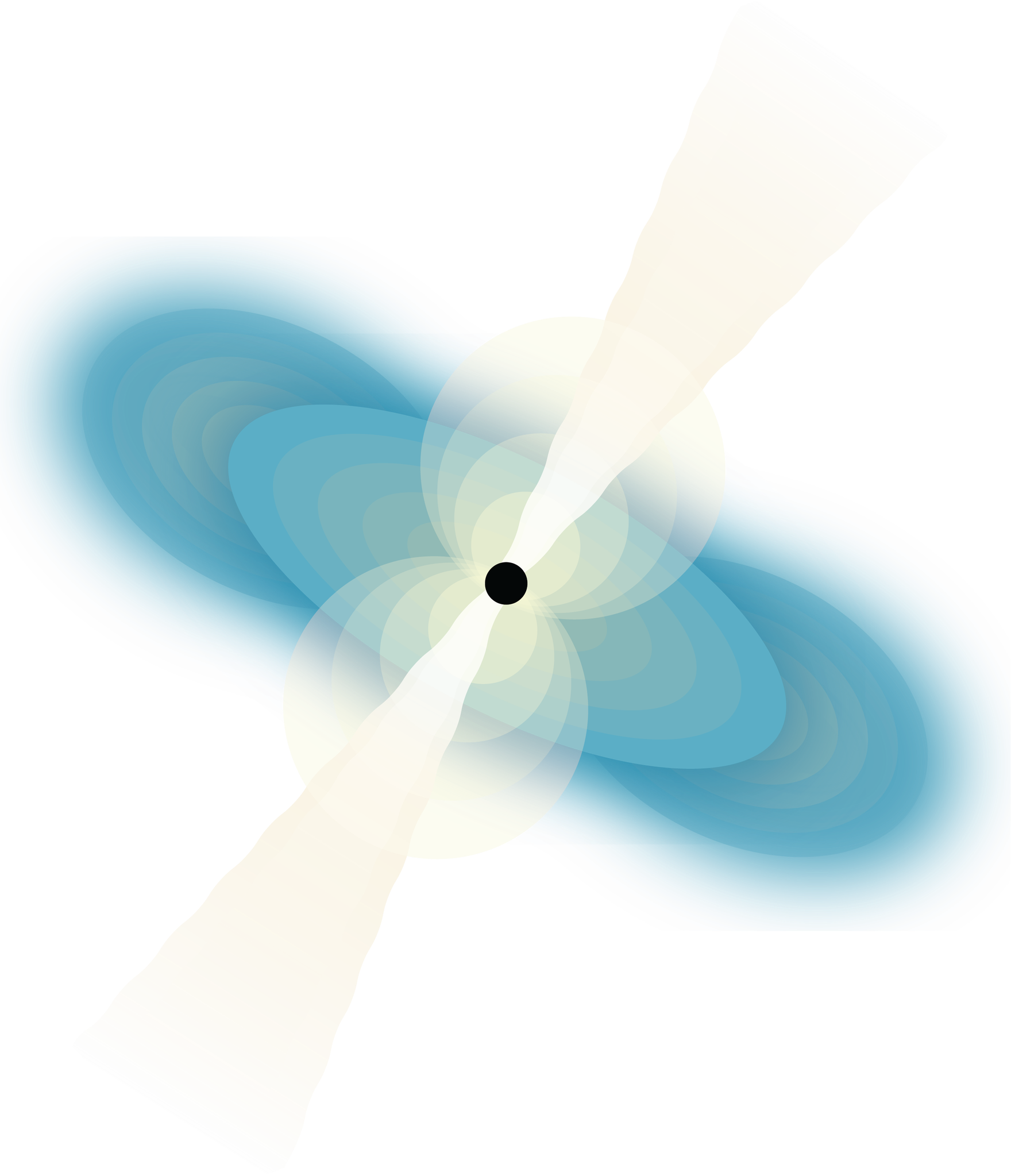 At the center of this graphic of a short gamma-ray burst is a black dot representing a black hole. A cloud of debris, represented as a yellow-ish filled-in figure eight is centered on the black hole and tilted 45 degrees to the right. A pair of white-ish, cone-shaped jets are aligned with the figure eight and extend above and below the black holes. Additional debris is represented as a blue oval and a filled-in eternity symbol, both centered on the black hole and tilted 45 degrees to the left.