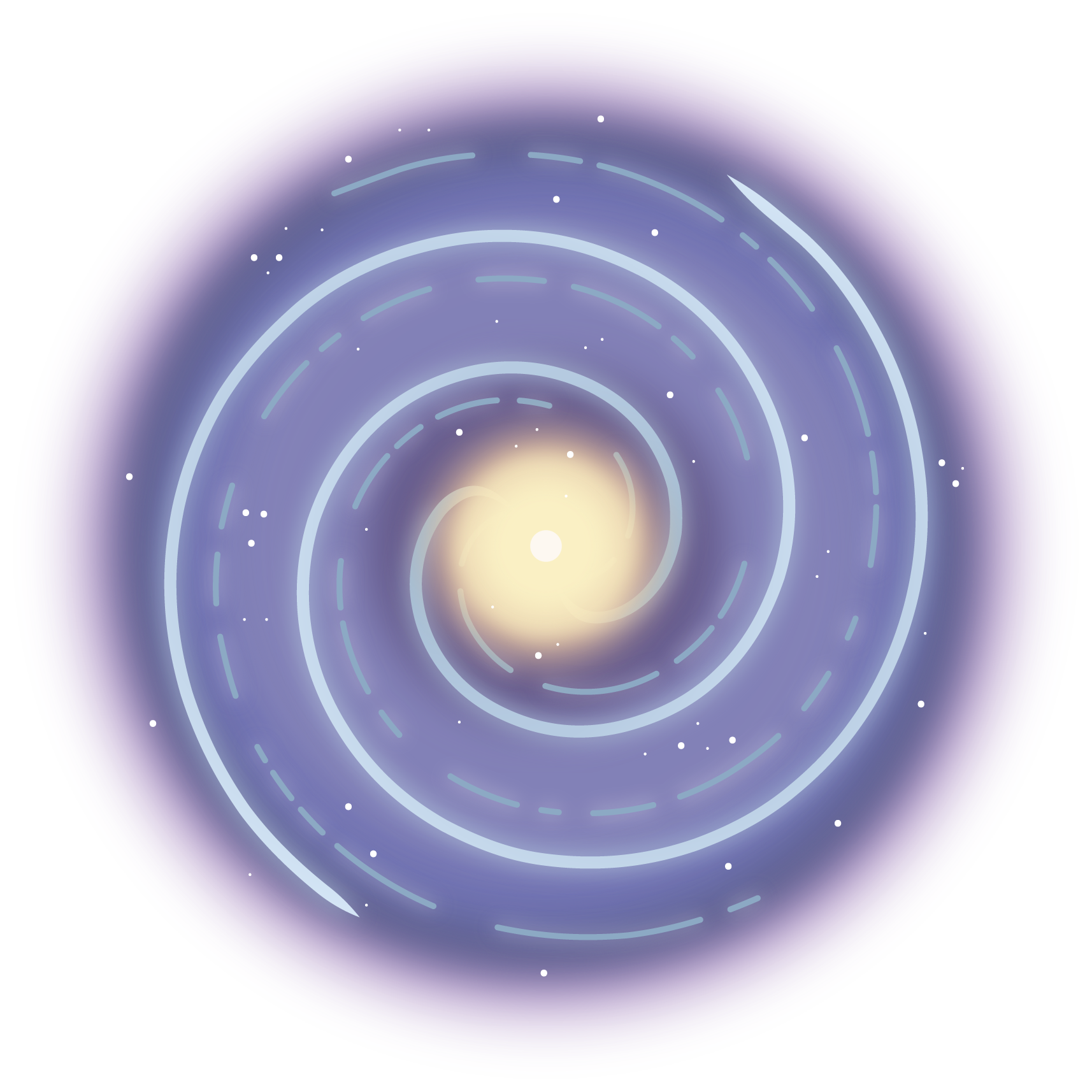 A hazy range of purples makes up the base of this swirling spiral of light blue lines twirling inward toward a yellow cloud with a white spot in the center. White dots representing stars speckle the image.