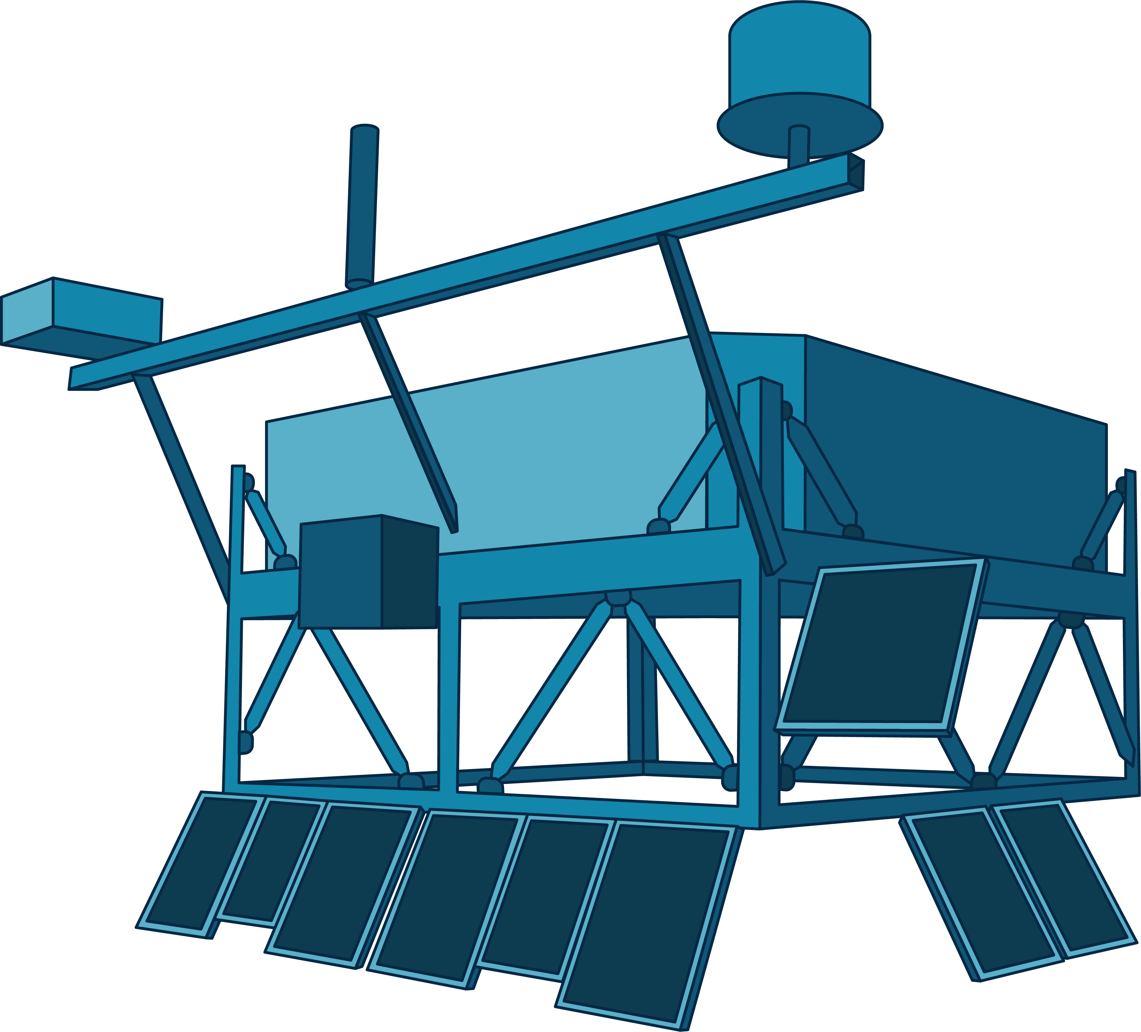 This illustration shows NASA's SuperTIGER instrument in shades of blue. This balloon-borne instrument has a main, box-shaped body on top of a structure that has panels attached to the bottom and a piece of the structure that extends outward on one side of the box-shaped instrument body.