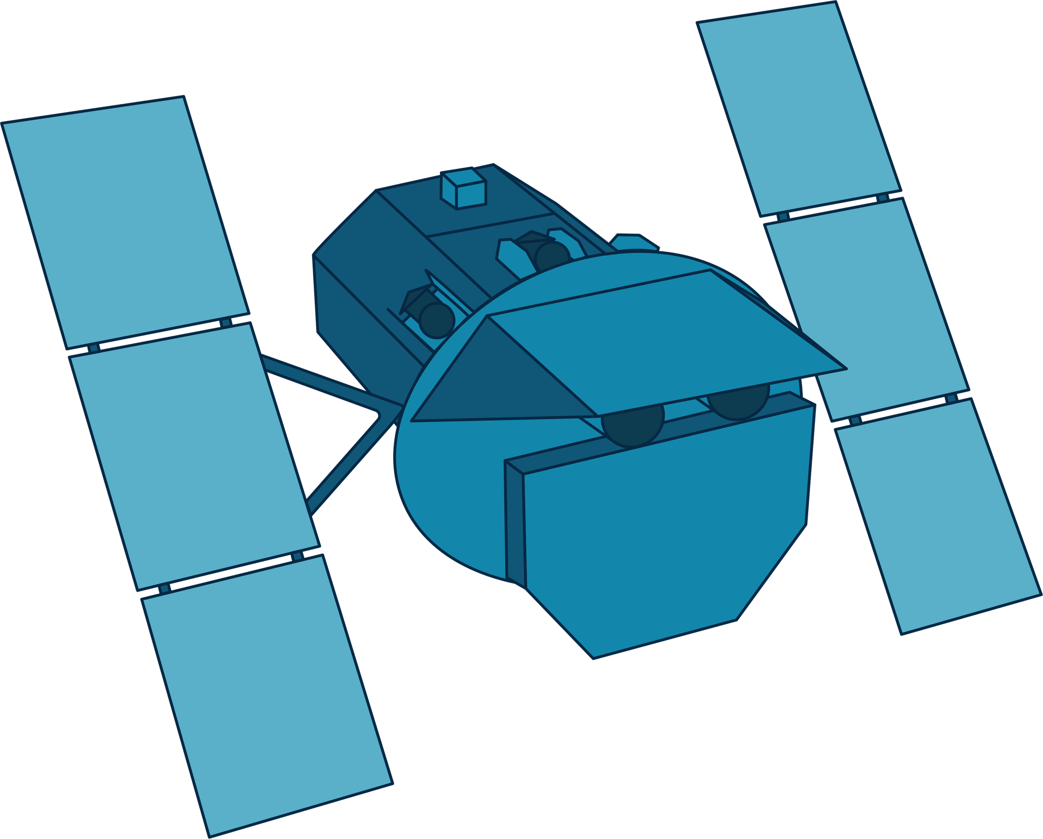This illustration shows the Swift observatory in shades of blue. A multi-sided cylindrical body is flanked by two solar array "wings." The front face has a large squared-off half-circle instrument, two small cylindrical telescopes, and a shield along the top edge.