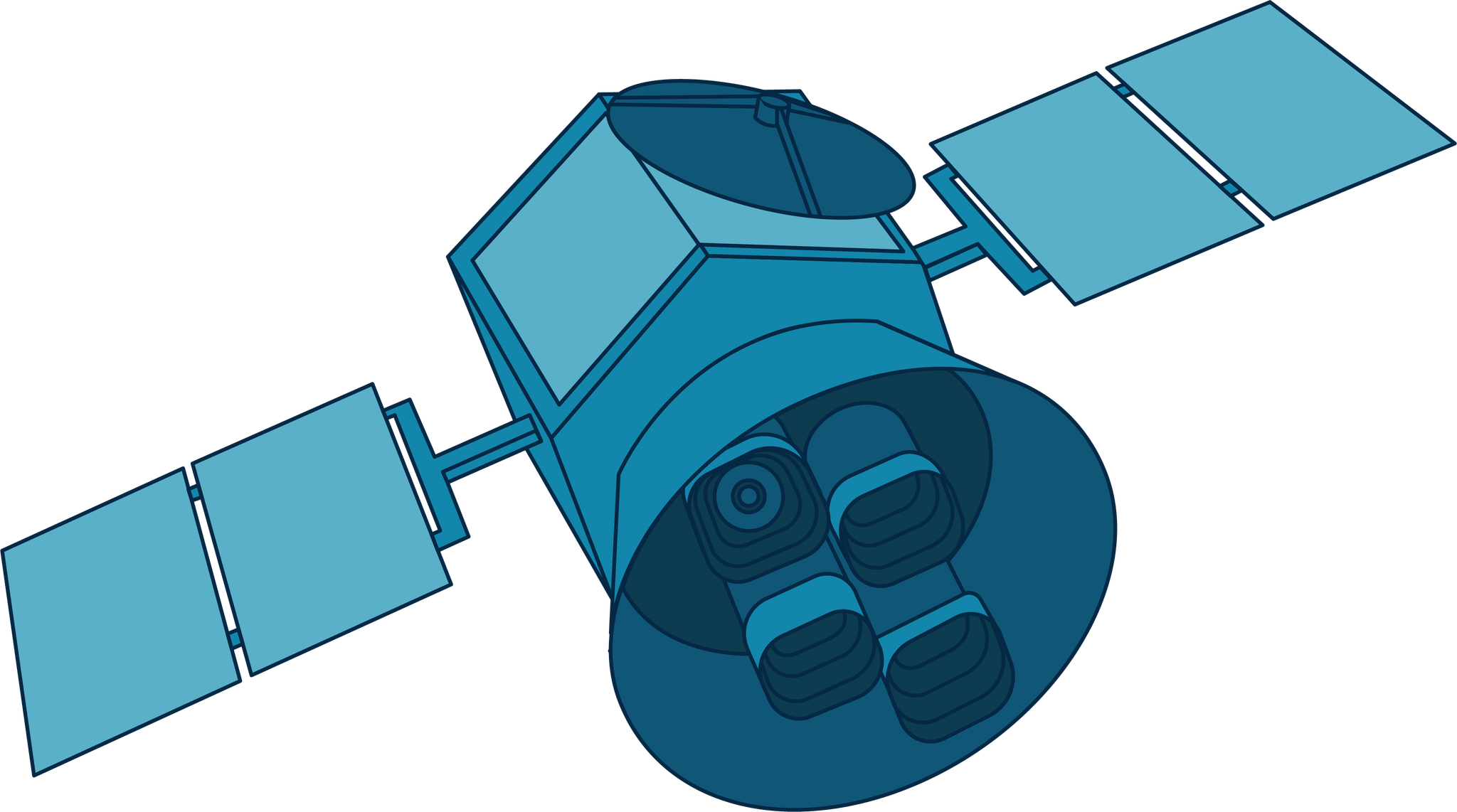This illustration of NASA's TESS shows the spacecraft in shades of blue. The multi-sided, cylindrical shaped main body of the satellite has two solar array "wings," each extending out from the sides of the satellite which is attached to an open, cone shaped bottom piece. Nestled inside the cone are four squares which show the relative positions of TESS’s cameras.