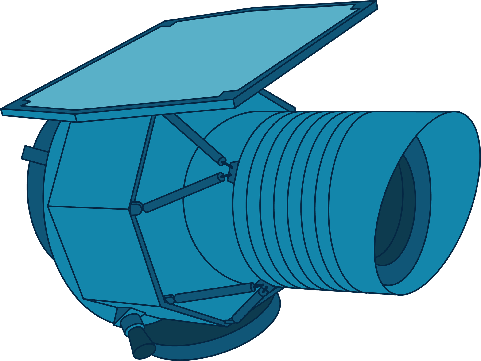 This illustration of NASA's WISE mission shows the spacecraft in shades of blue. WISE has a short, multi-sided cylindrical main body that connects to a thinner and longer open cylindrical piece. The craft's main body is attached to a large, flat panel on top.